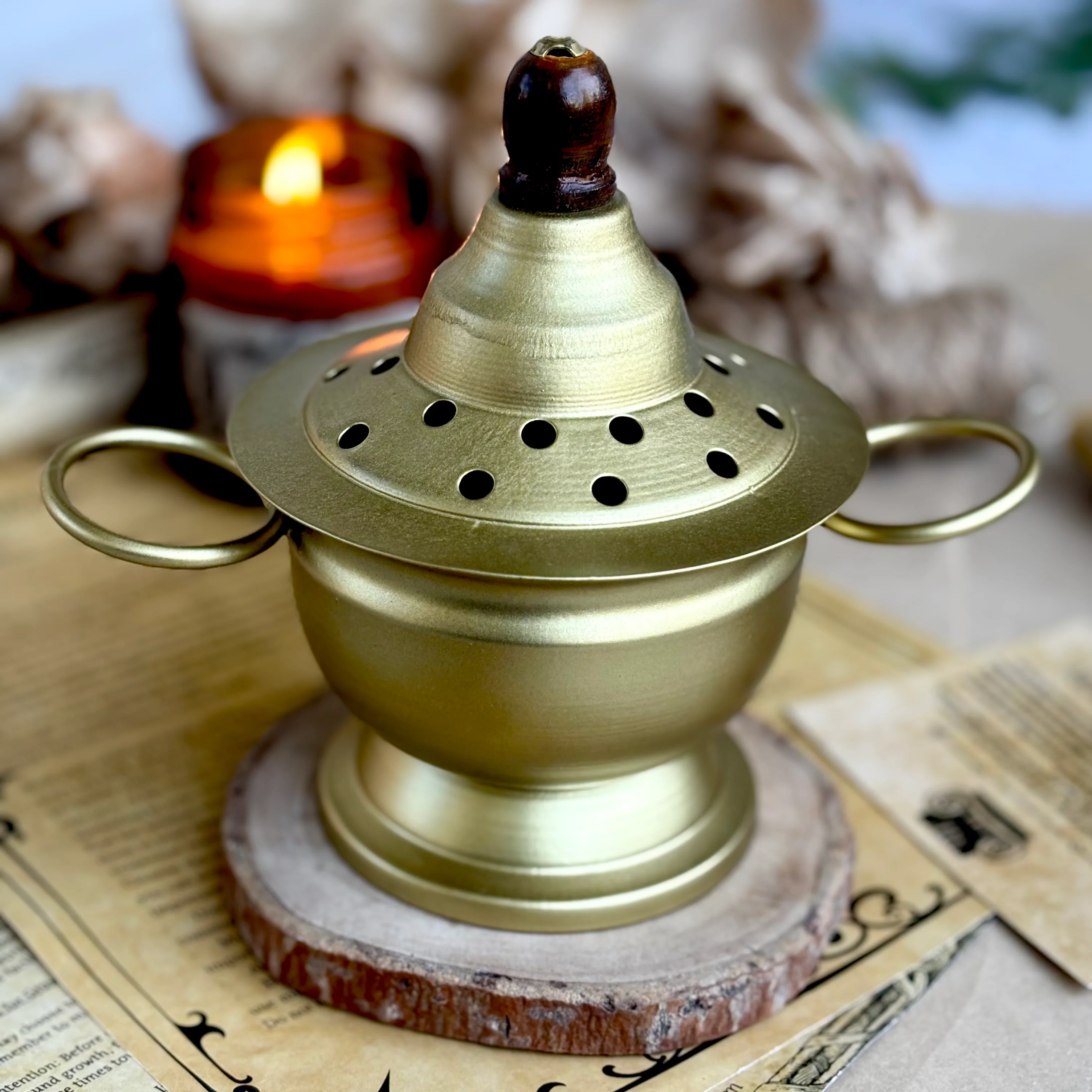 Antique Looking Gold finish Iron Incense Burner - Image 2