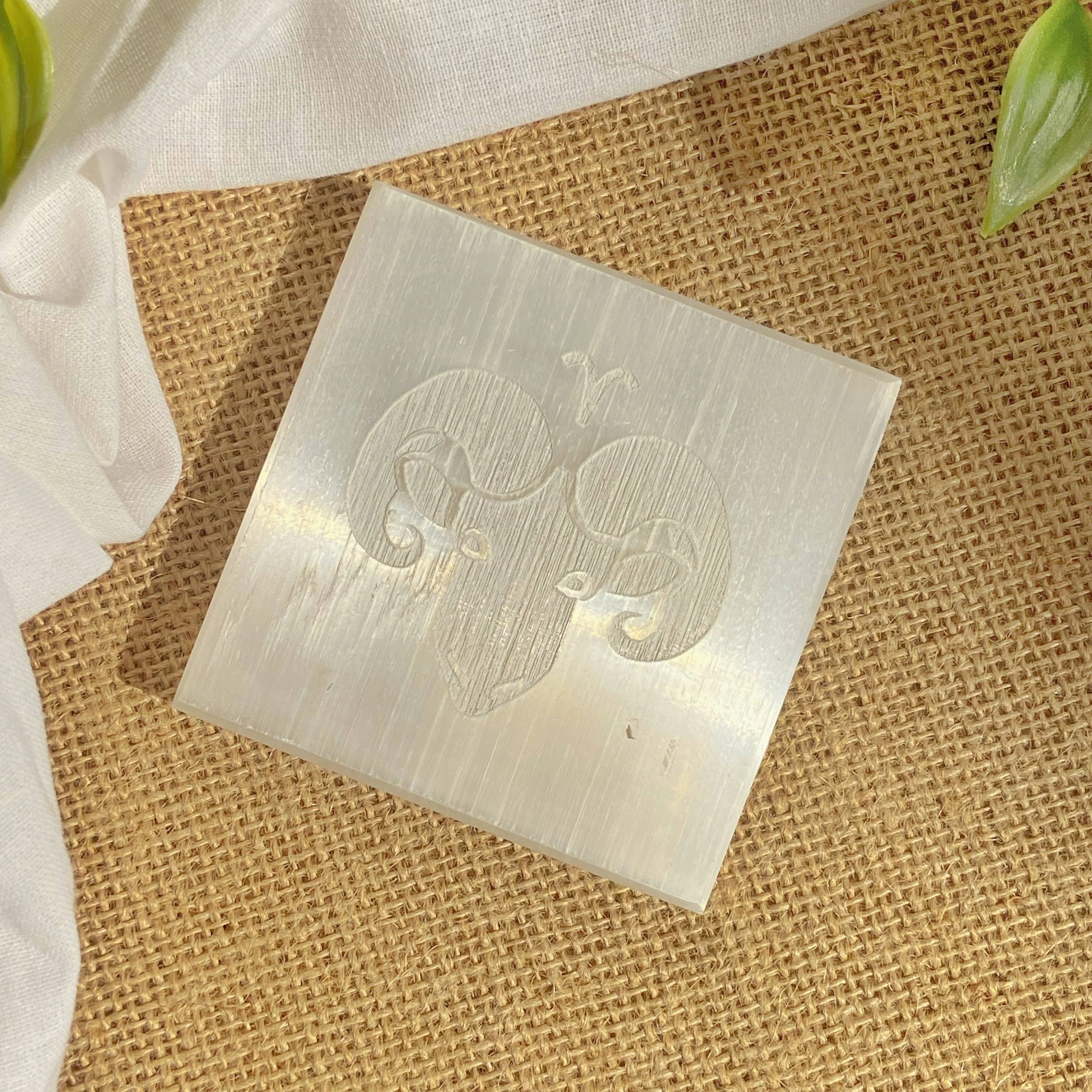 Aries Zodiac Carved Selenite Plate (Satin Spar Selenite)- 3 Inches | Stone for Spiritual work & Cleansing