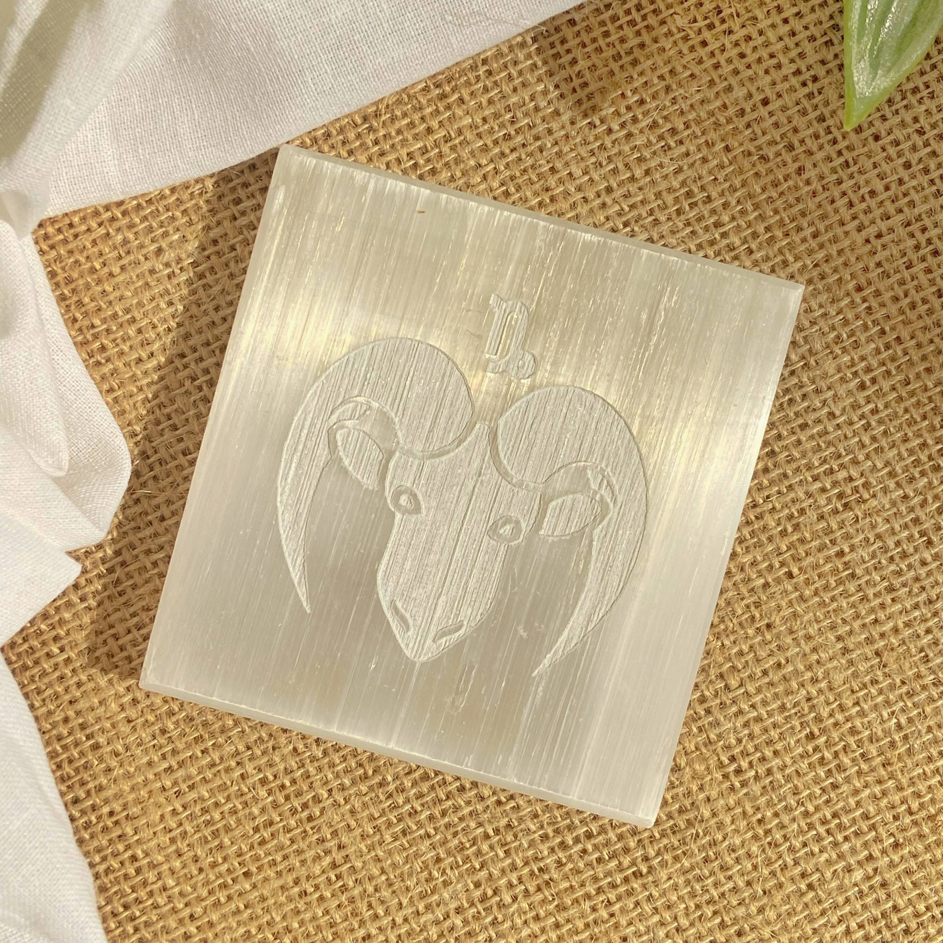 Capricorn Zodiac Carved Selenite Plate (Satin Spar Selenite) - 3 Inches | Stone for Spiritual work & Cleansing