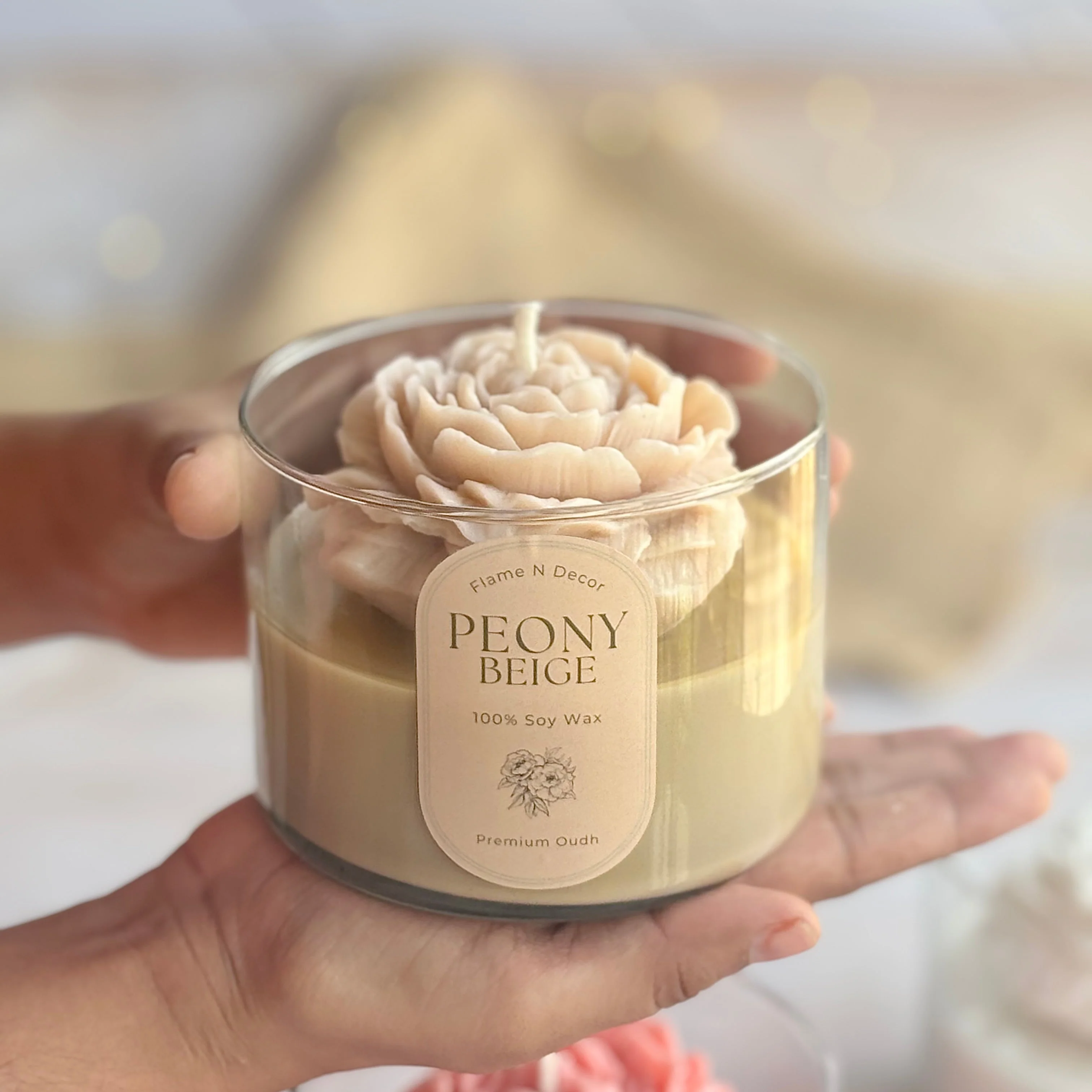 Beige Peony Soy Scented Candle | Premium Oudh - Image 2