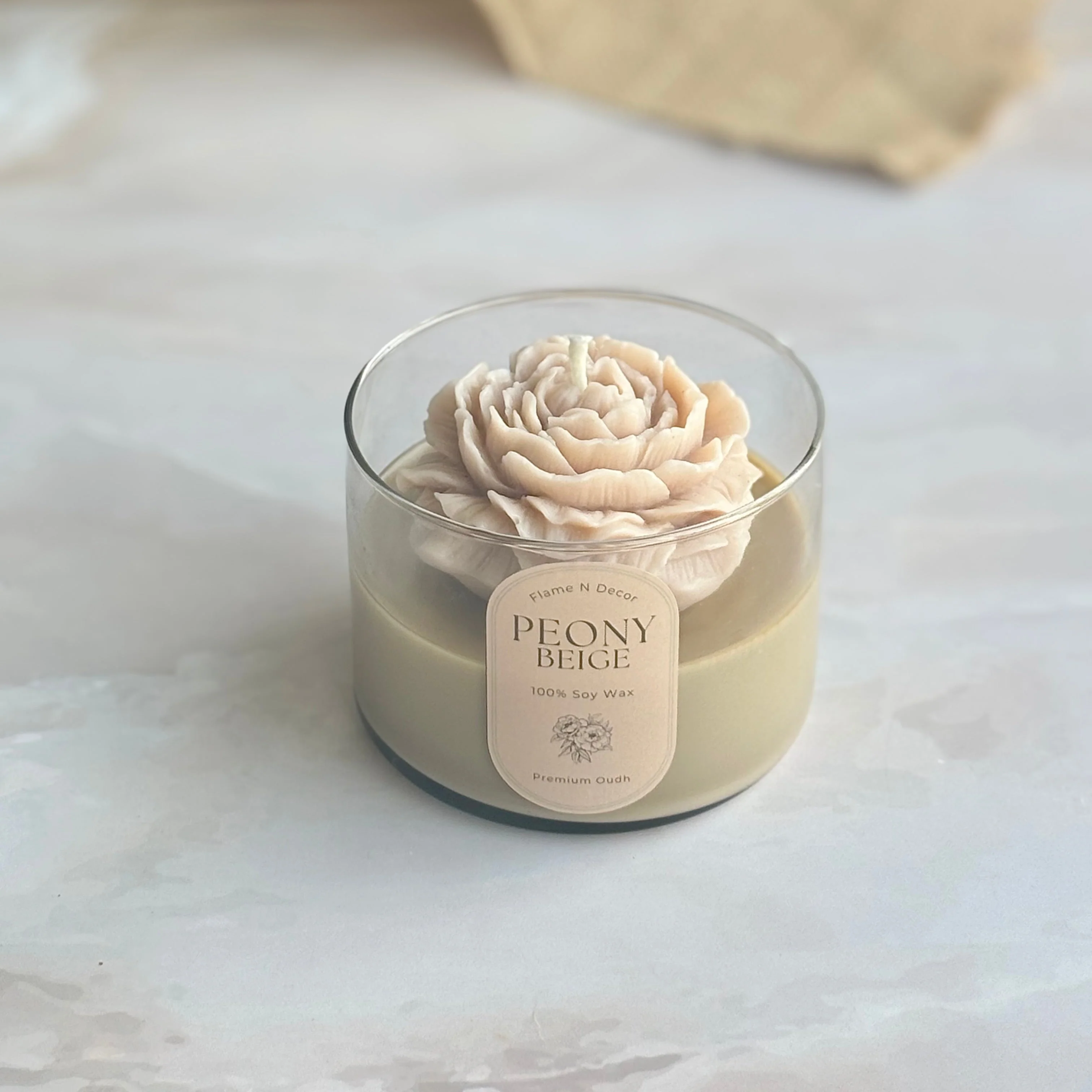 Beige Peony Soy Scented Candle | Premium Oudh - Image 3