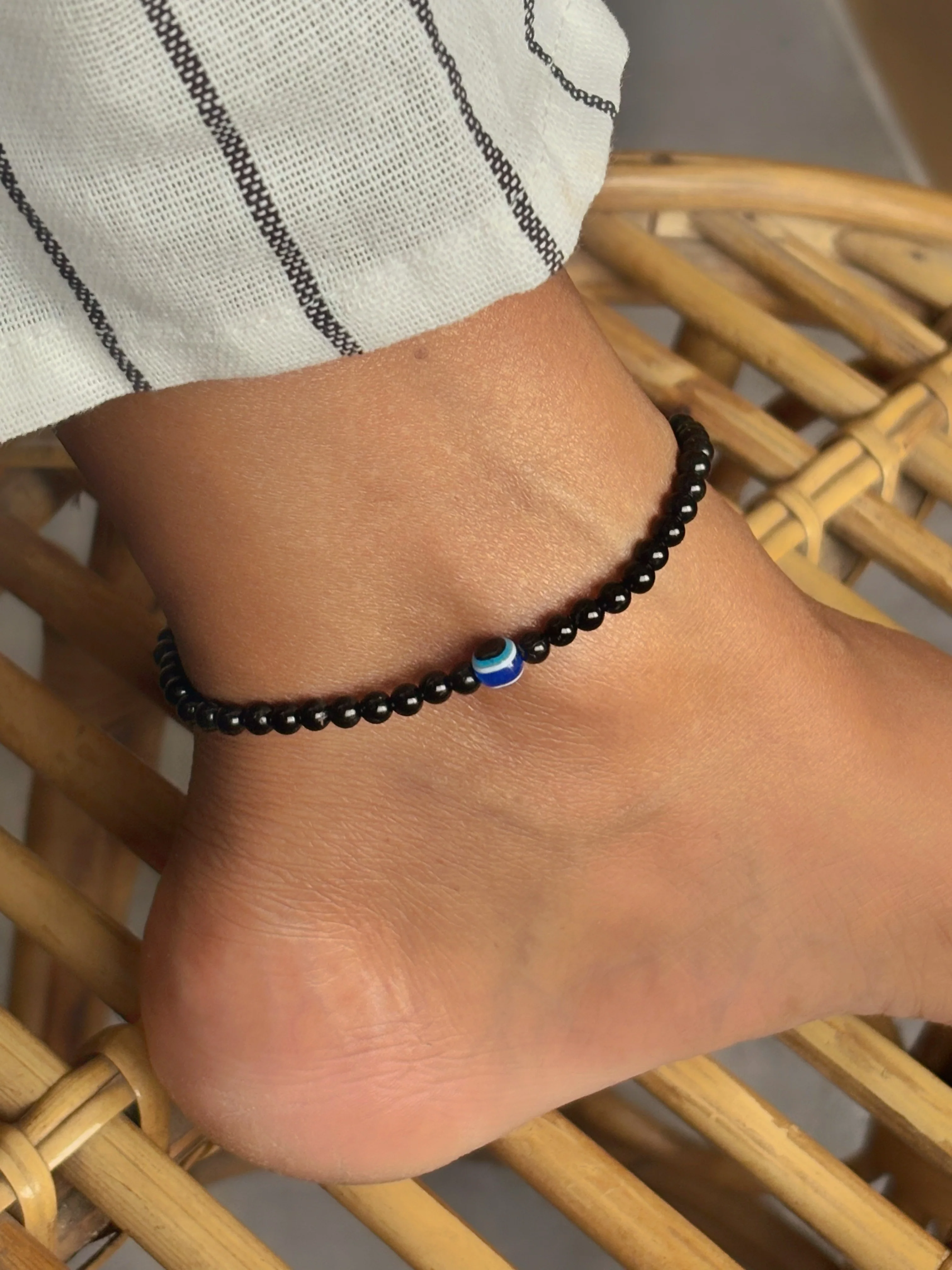 Black Obsidian with Evil Eye Bead mini bead anklet - 4mm | Removes blockages & Provides great Protection - Image 3
