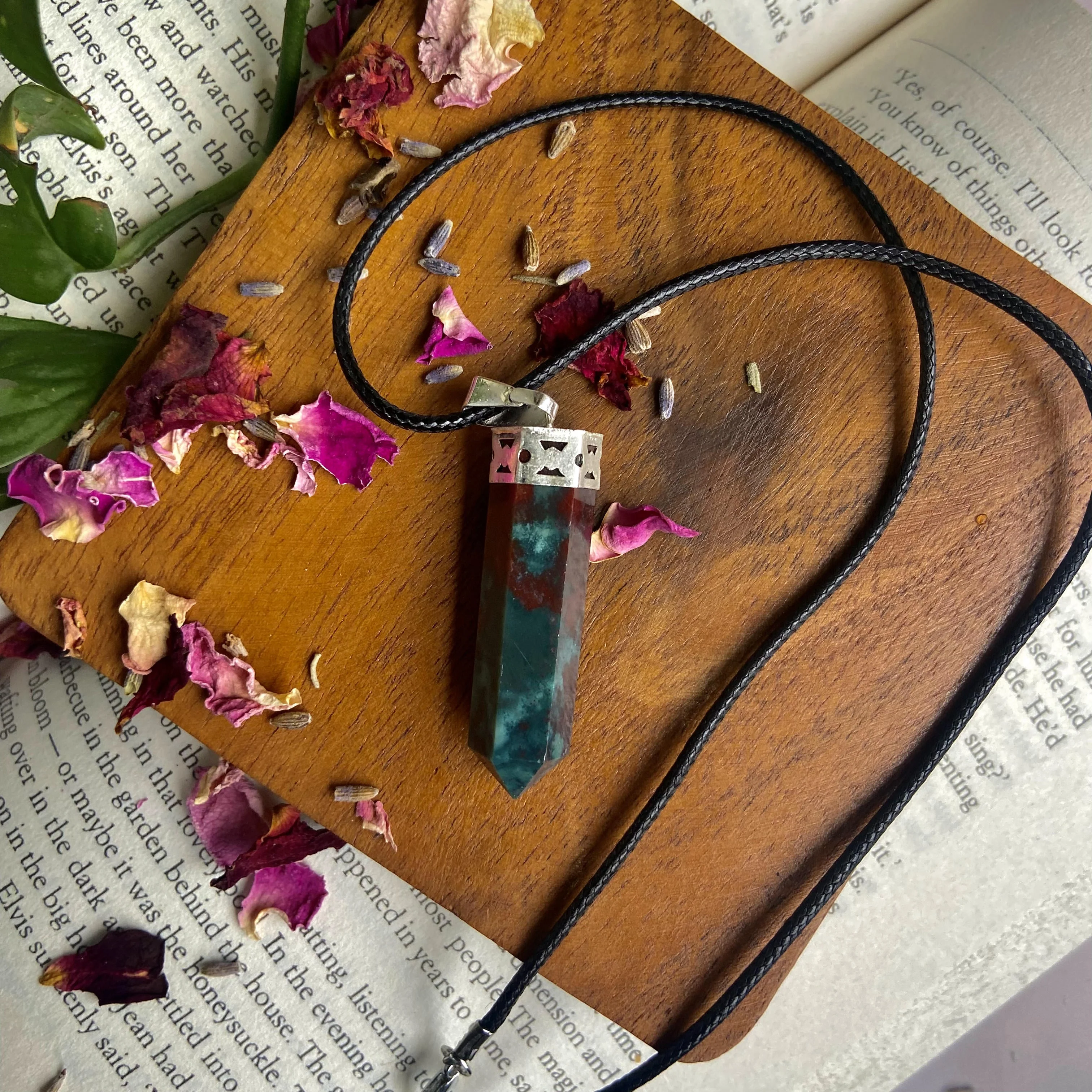 Bloodstone Pencil Pendant with leather cord | Grounding