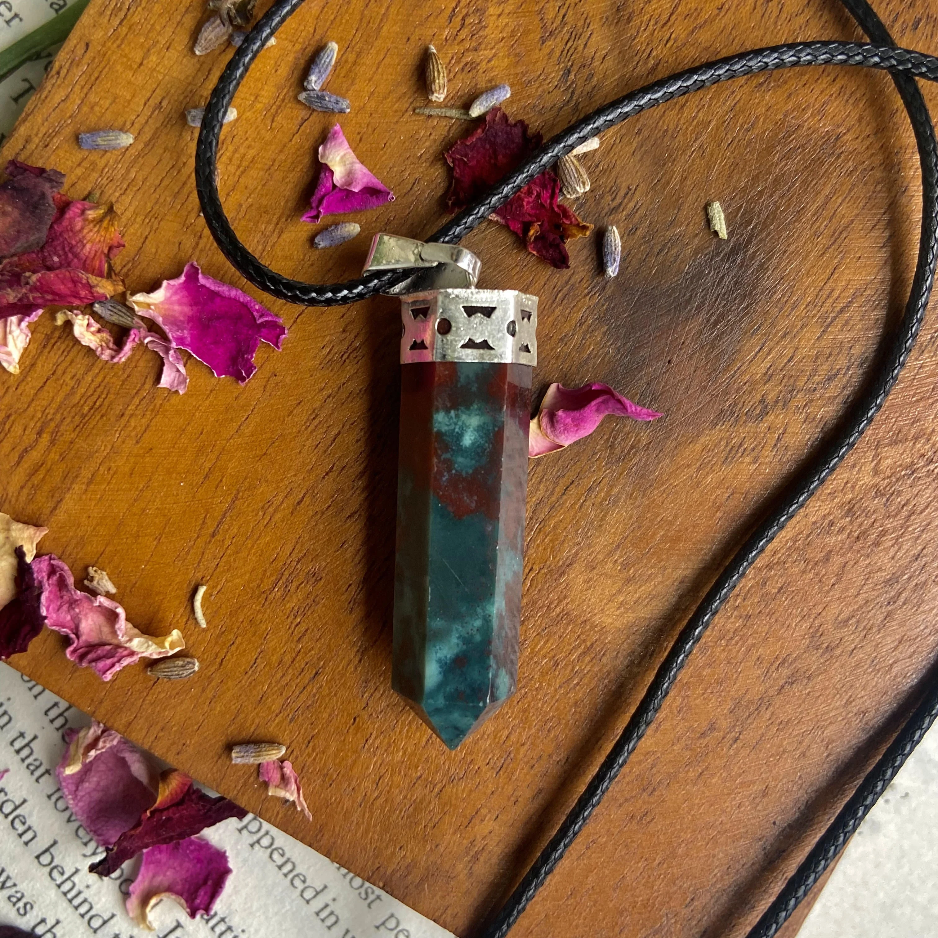 Bloodstone Pencil Pendant with leather cord | Grounding - Image 2