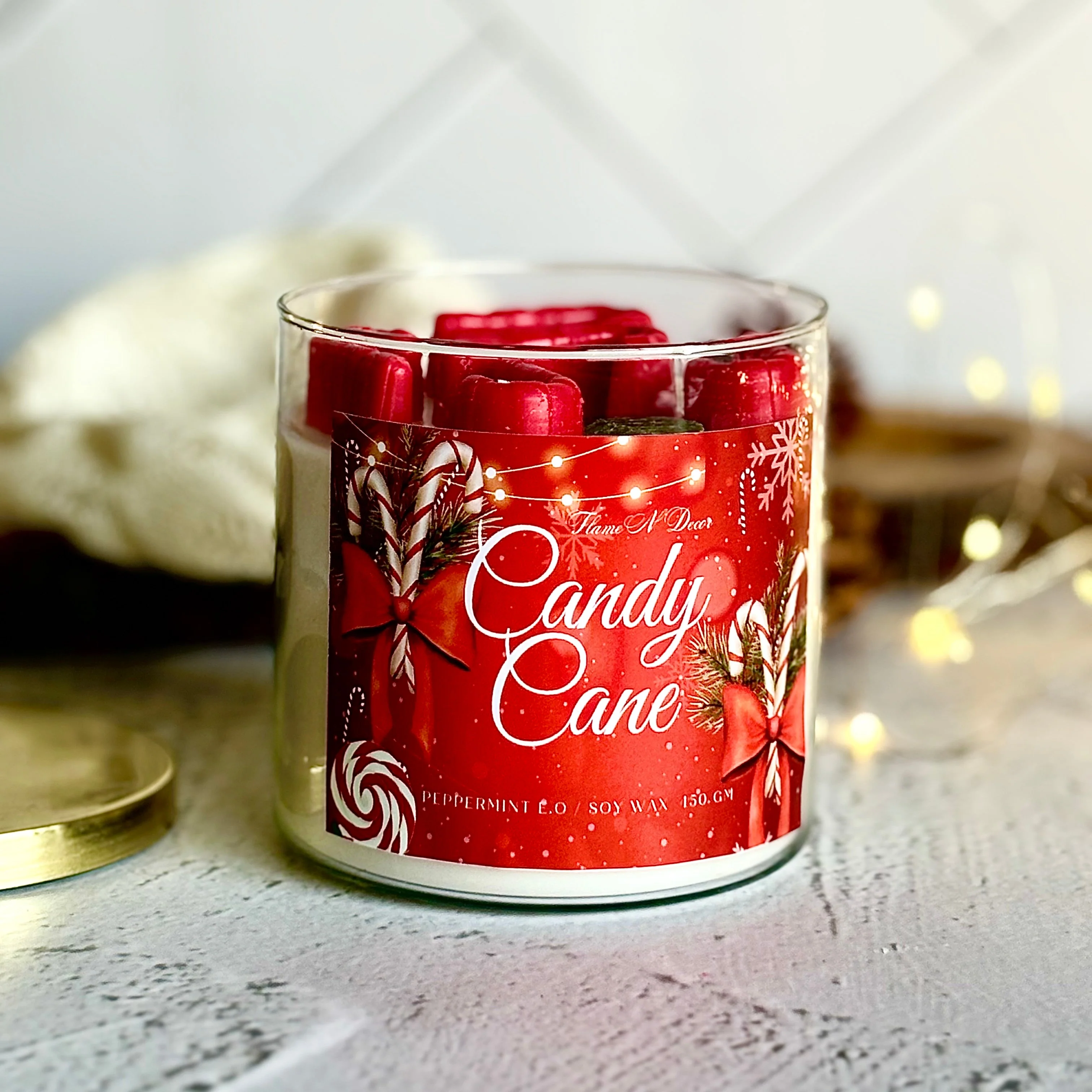 Candy Cane 3 wick Soy Candle with Golden Lid - Image 3