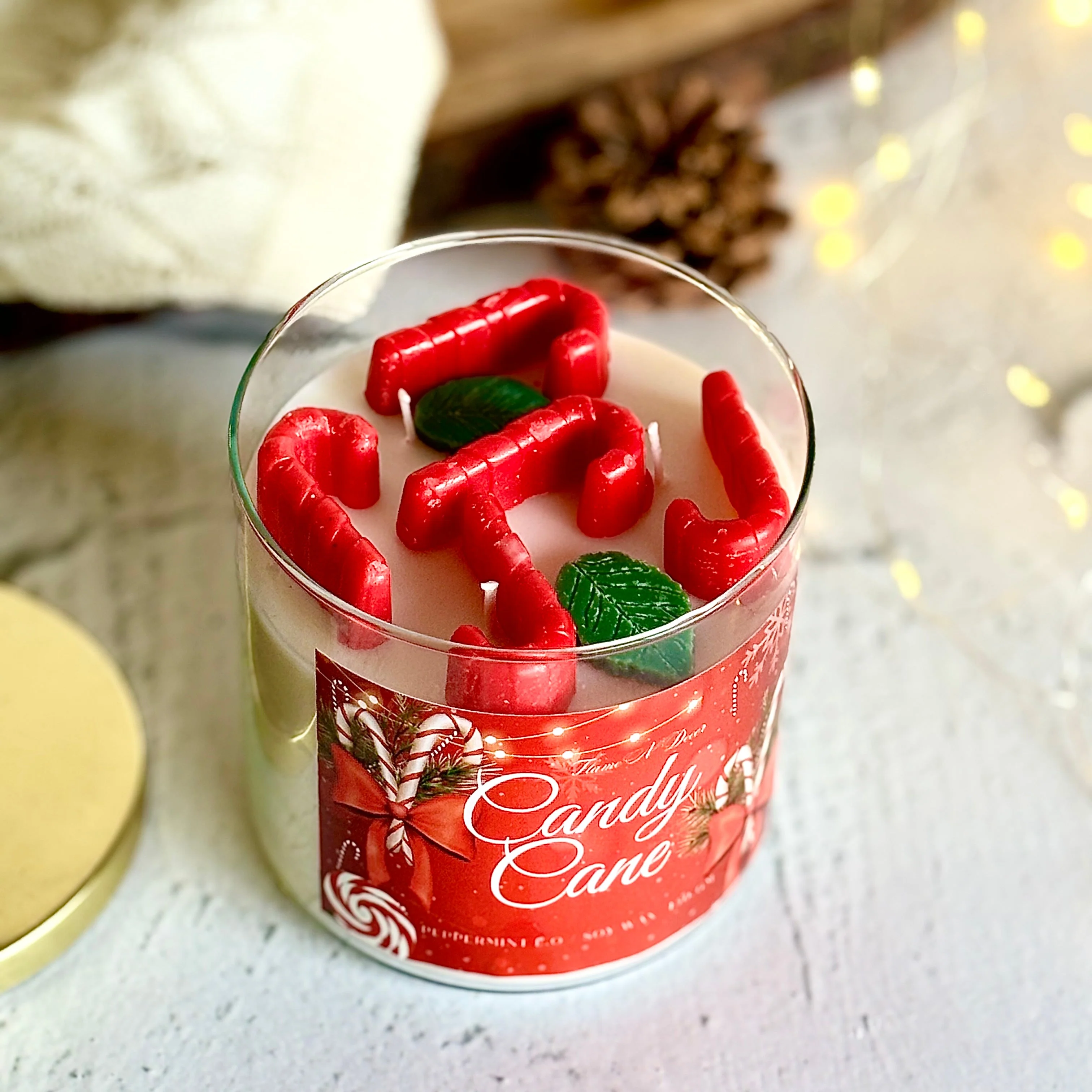 Candy Cane 3 wick Soy Candle with Golden Lid - Image 4