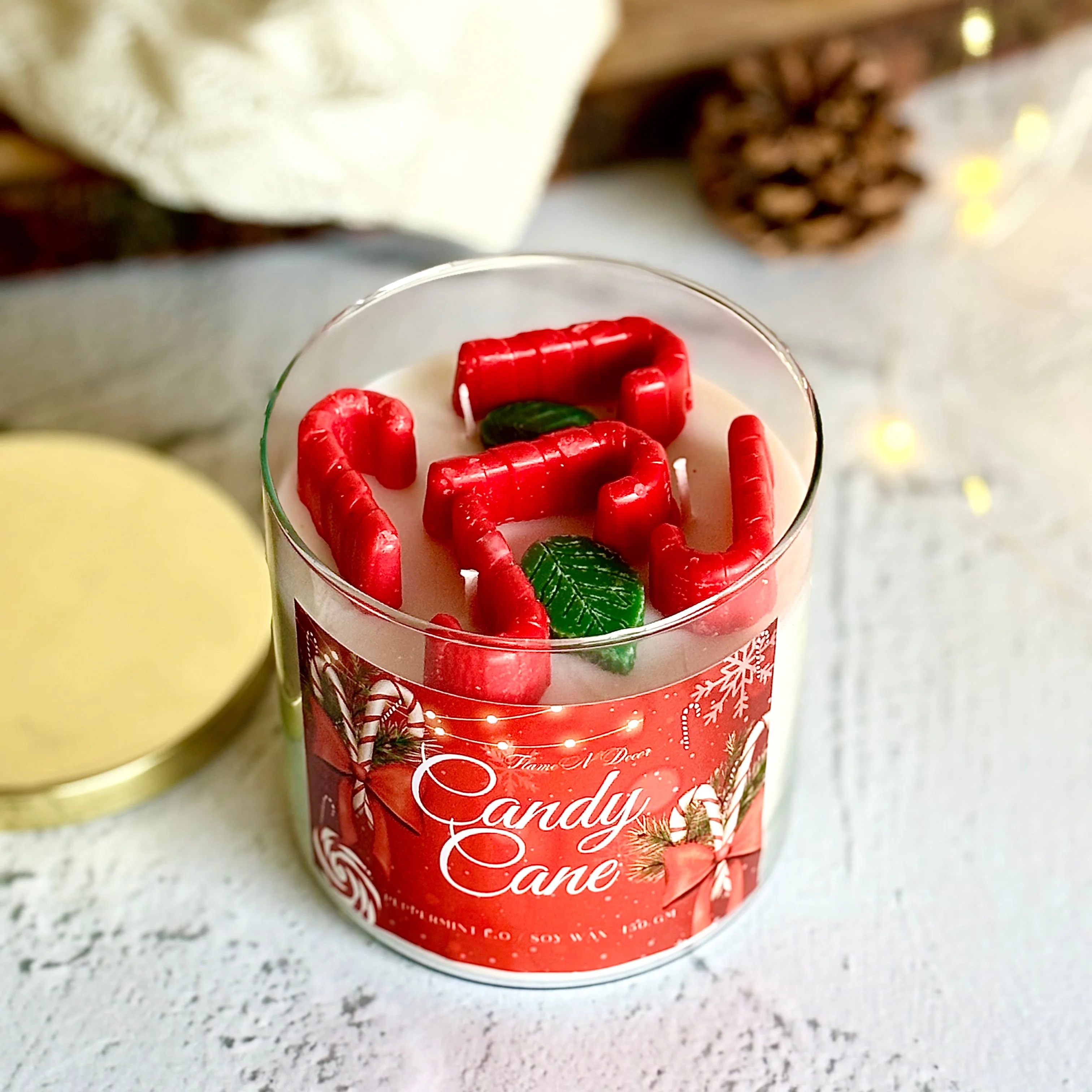 Candy Cane 3 wick Soy Candle with Golden Lid - Image 5