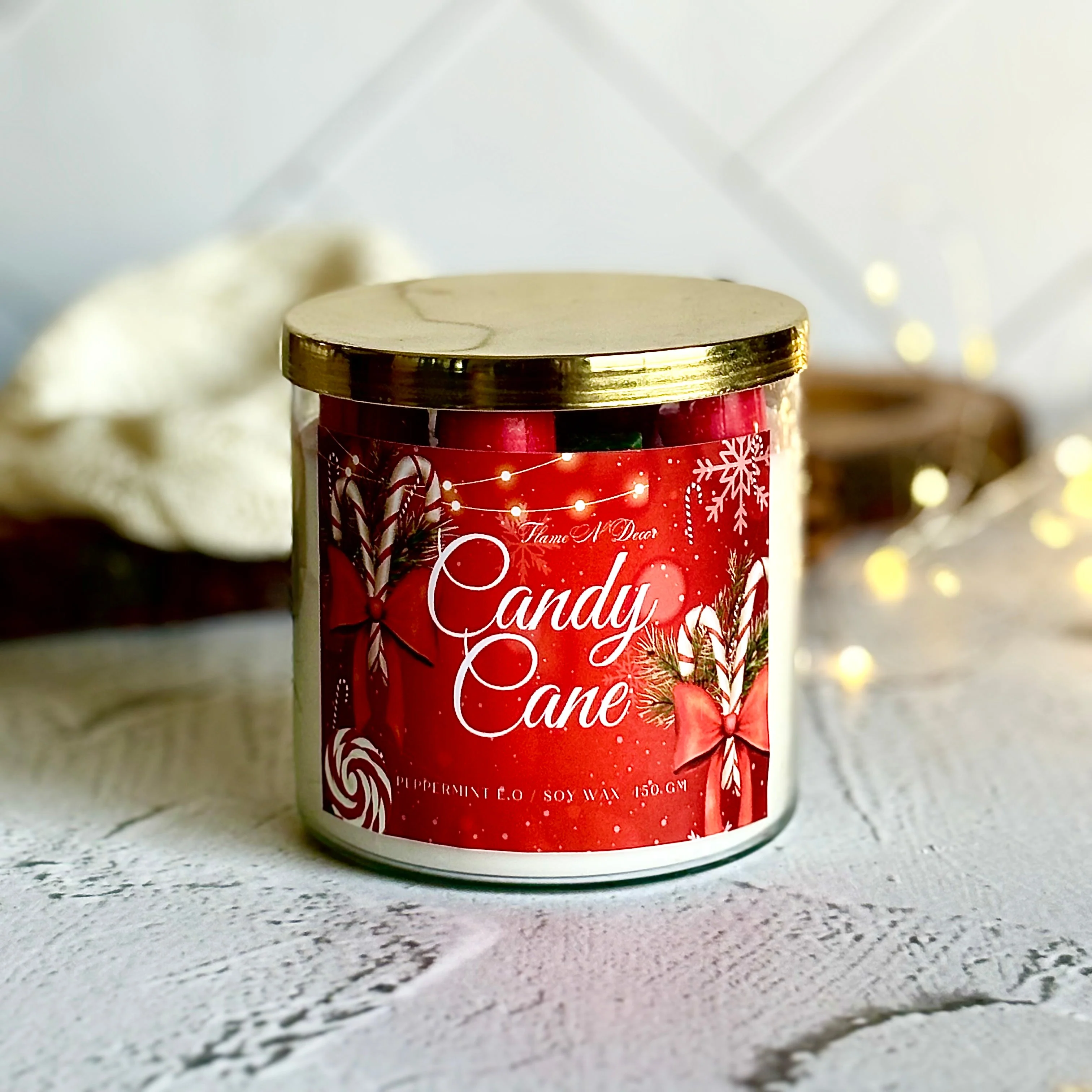 Candy Cane 3 wick Soy Candle with Golden Lid - Image 7