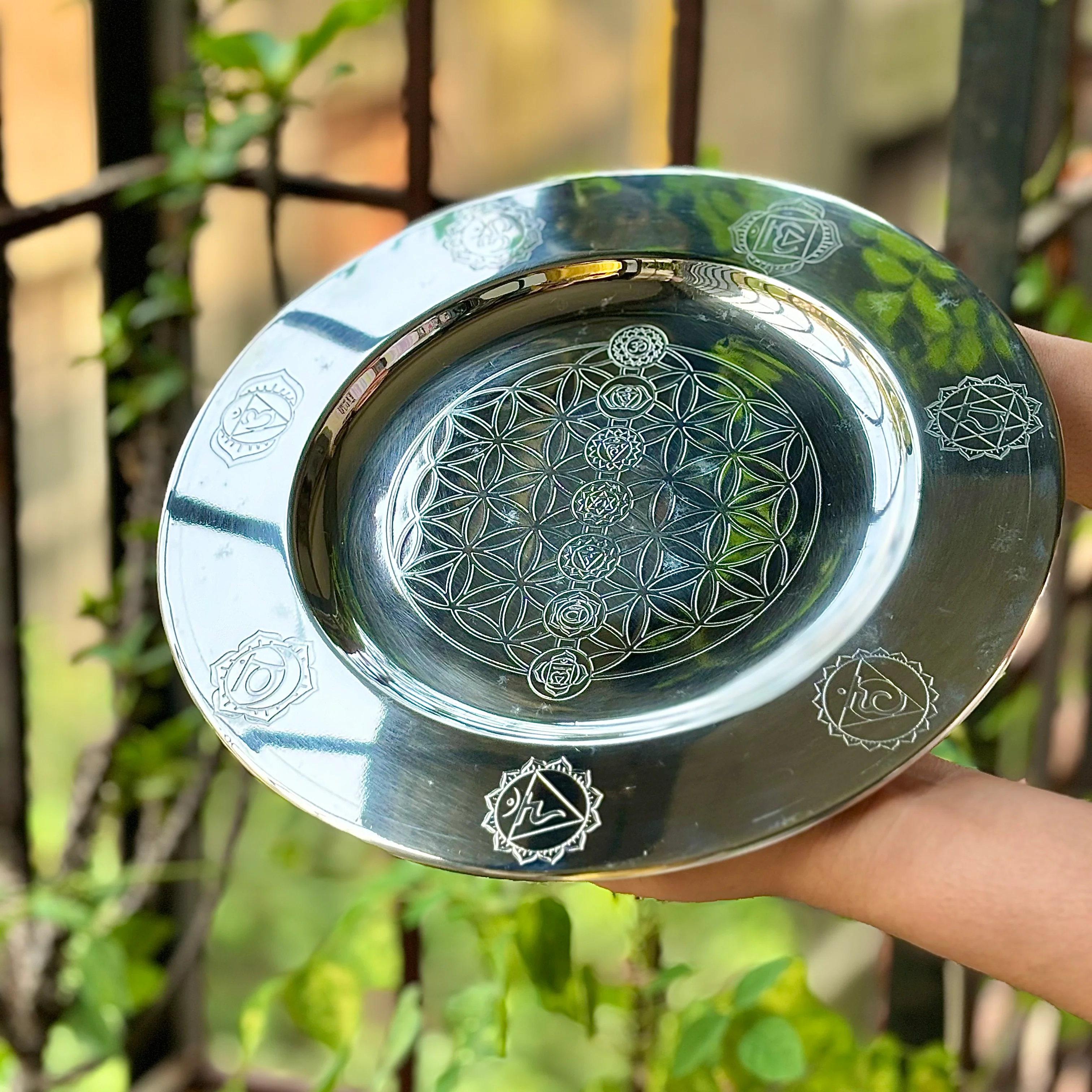 Chakra & Flower Carved Plate - Stainless Steel Offering Plate
