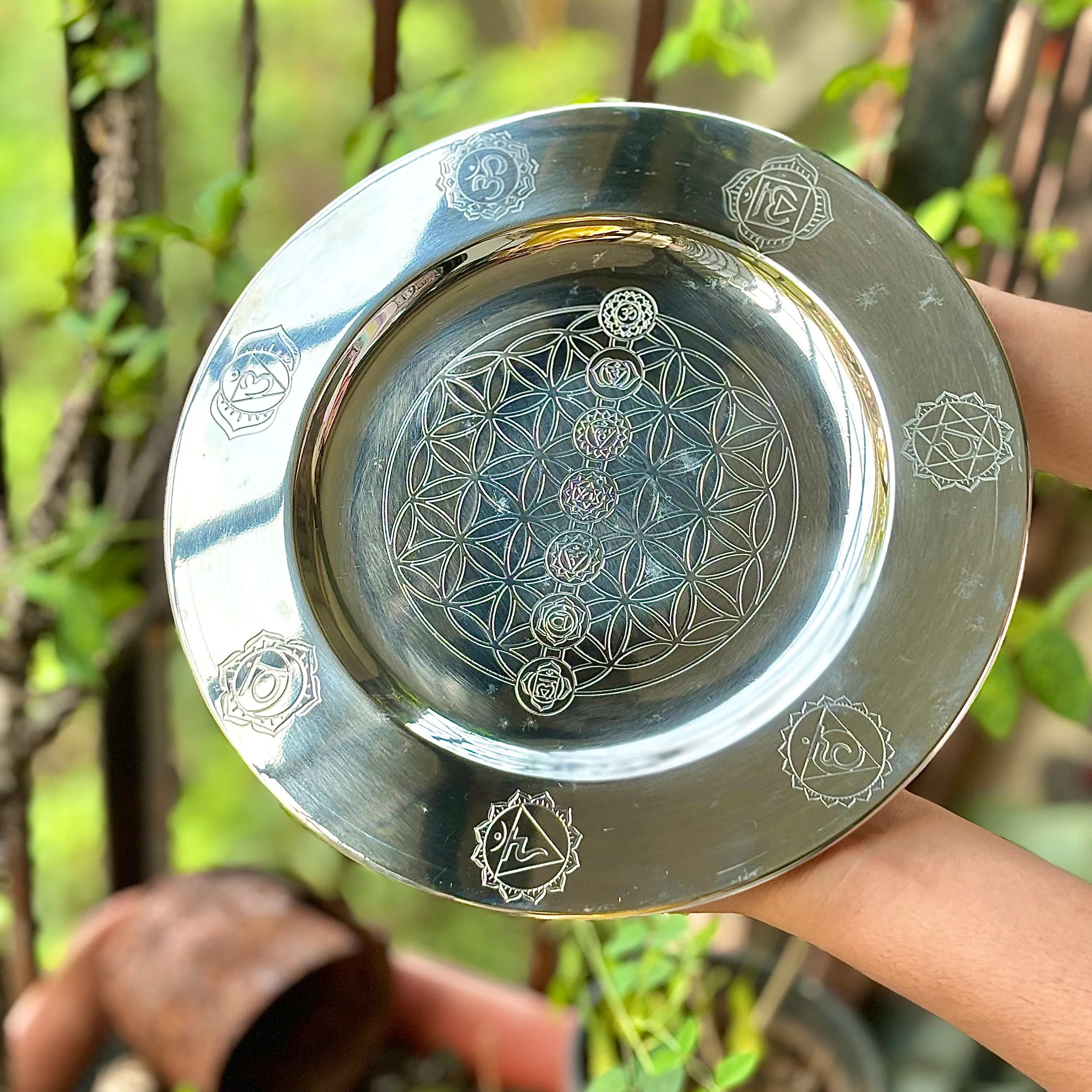 Chakra & Flower Carved Plate - Stainless Steel Offering Plate - Image 3