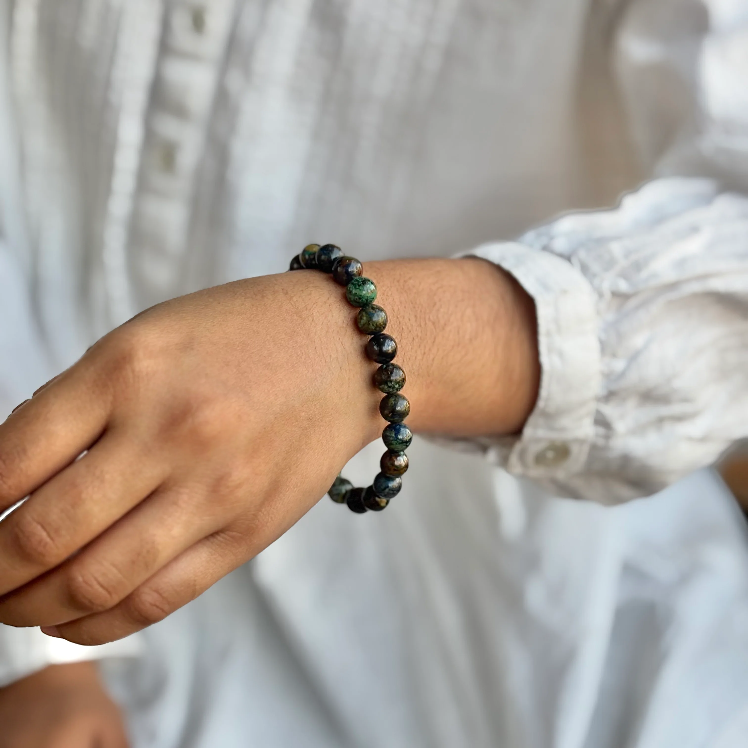 Chryscolla with Little Azurite Bead Bracelet - 8mm | Throat Chakra, Expression , Public Speaking - Image 2