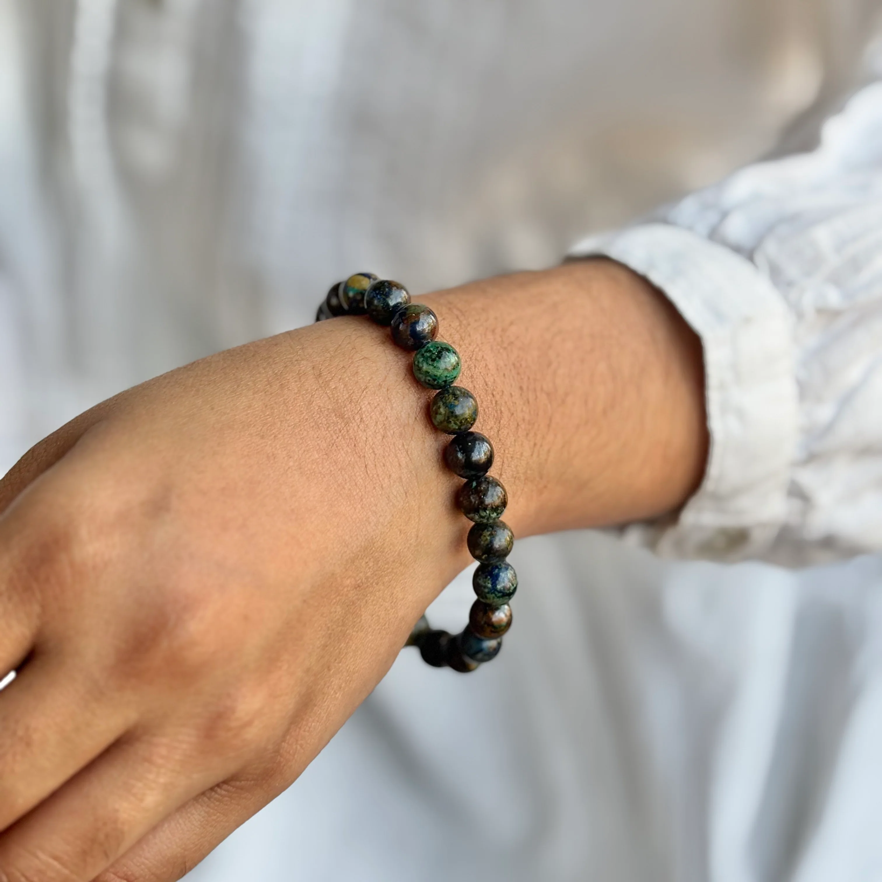 Chryscolla with Little Azurite Bead Bracelet - 8mm | Throat Chakra, Expression , Public Speaking - Image 3