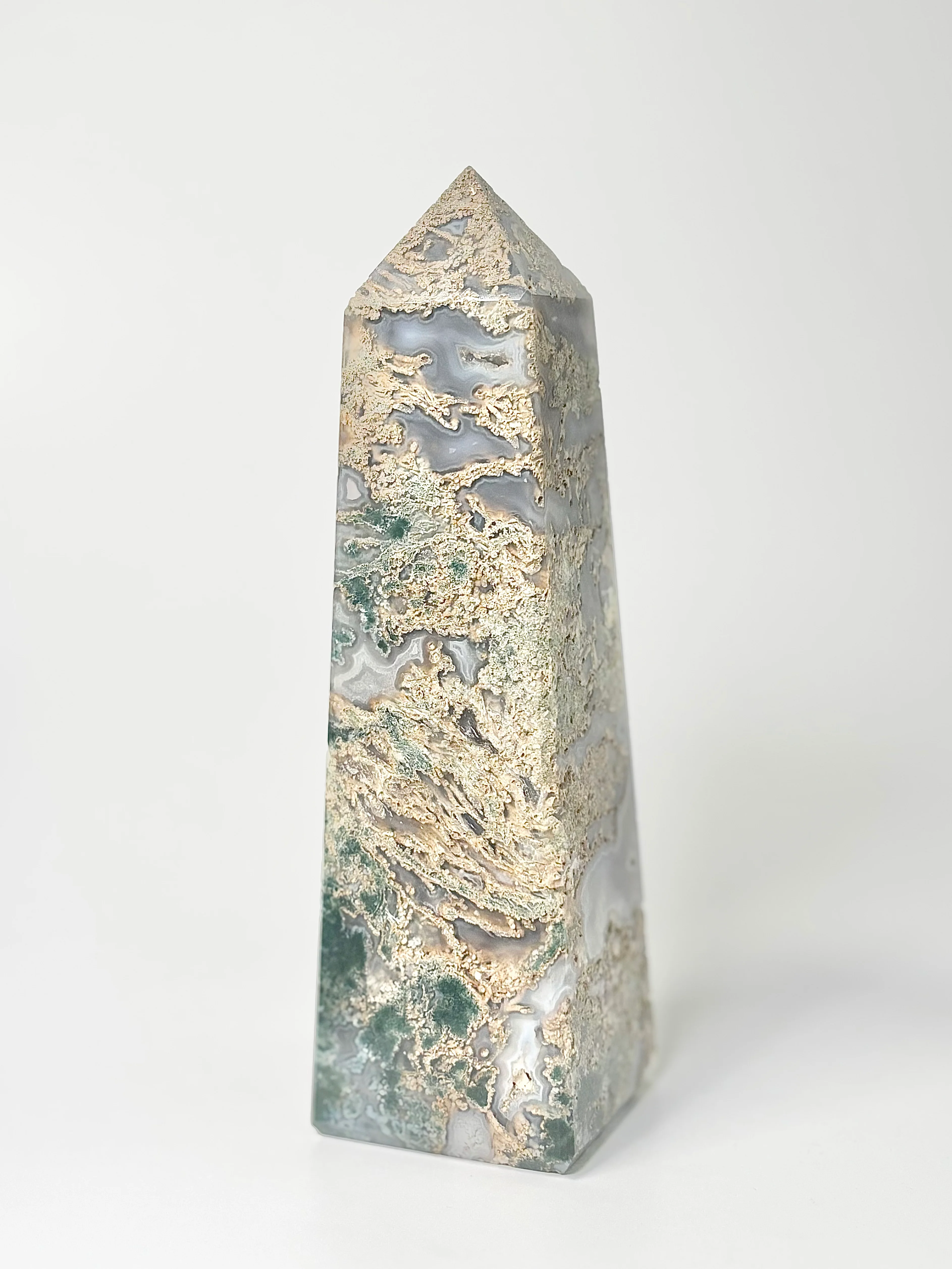 Four Facet Moss Agate Tower – 613g - Nature-Inspired Calm & Grounded Beauty