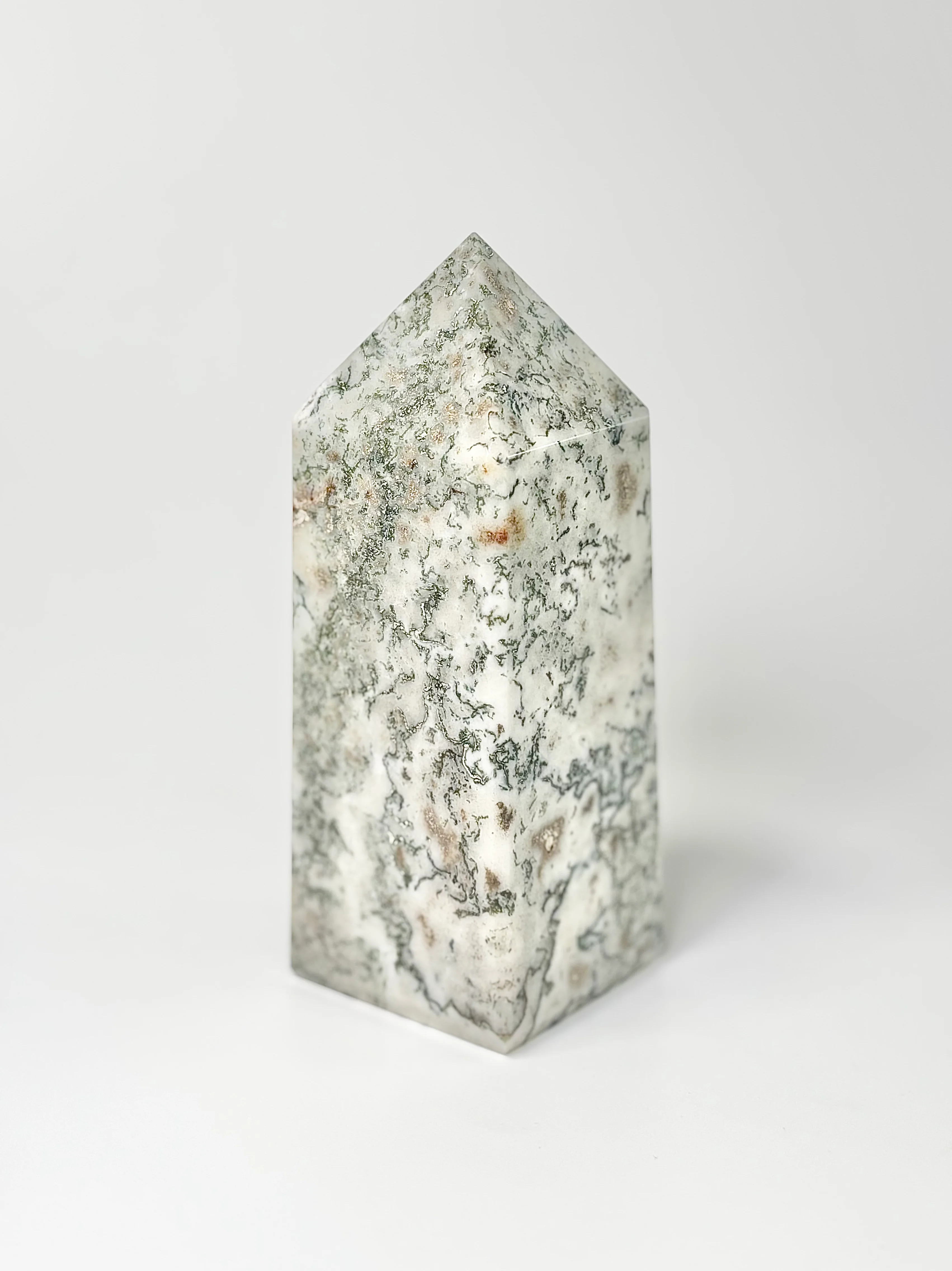 Four Facet Moss Agate Tower – 596g - Nature-Inspired Calm & Grounded Beauty