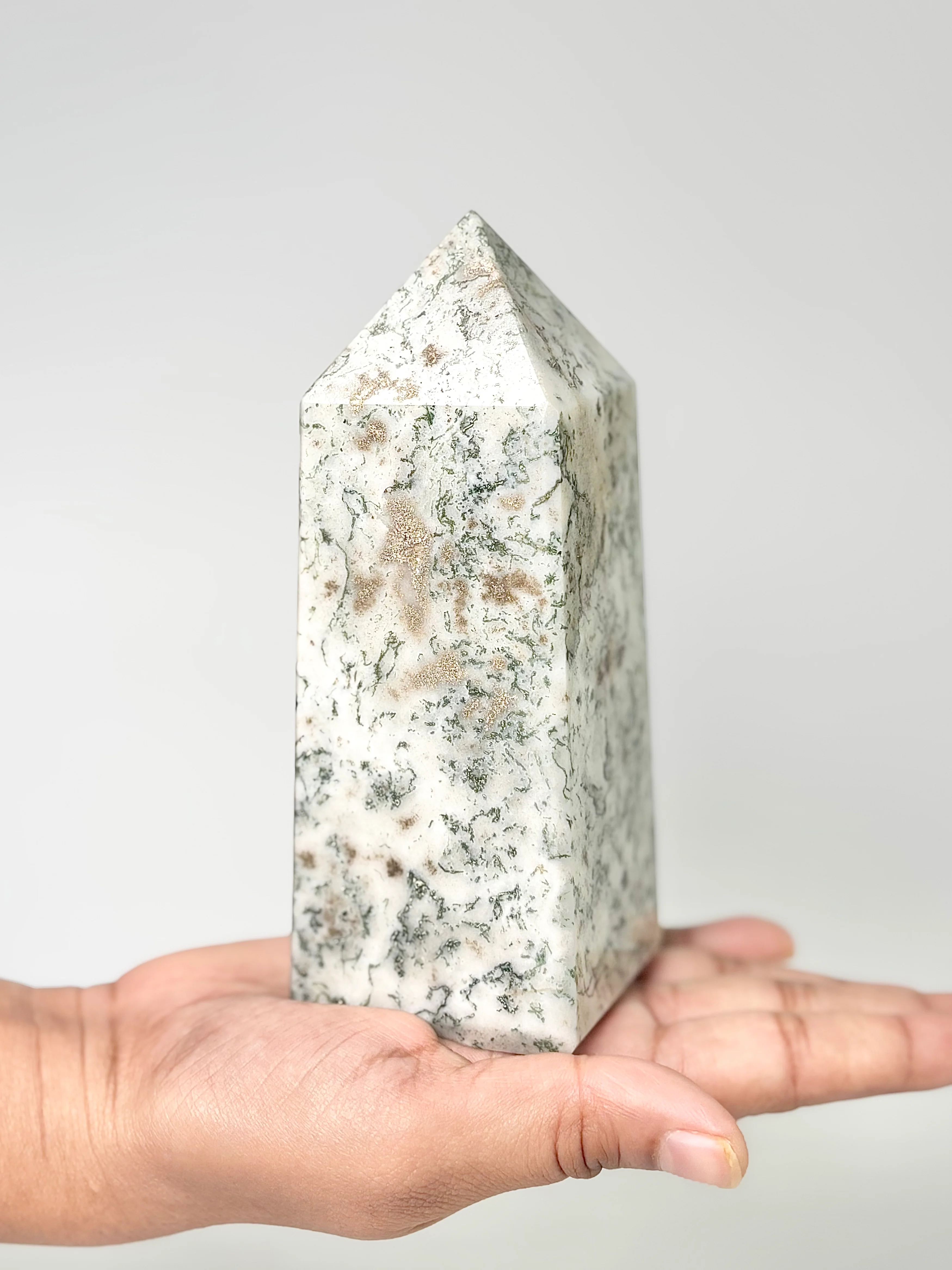 Four Facet Moss Agate Tower – 596g - Nature-Inspired Calm & Grounded Beauty - Image 2