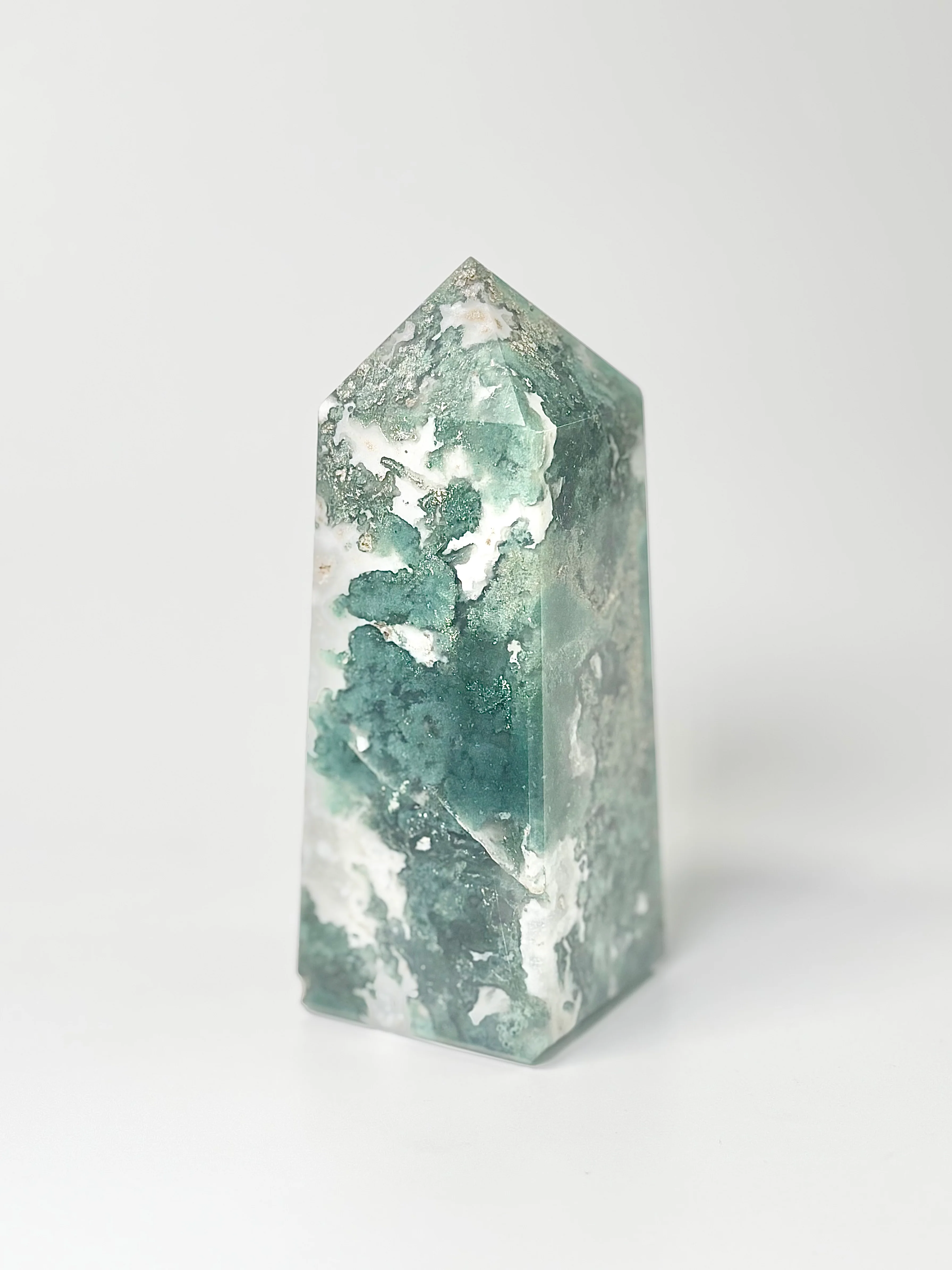 Four Facet Moss Agate Tower – 600g - Nature-Inspired Calm & Grounded Beauty