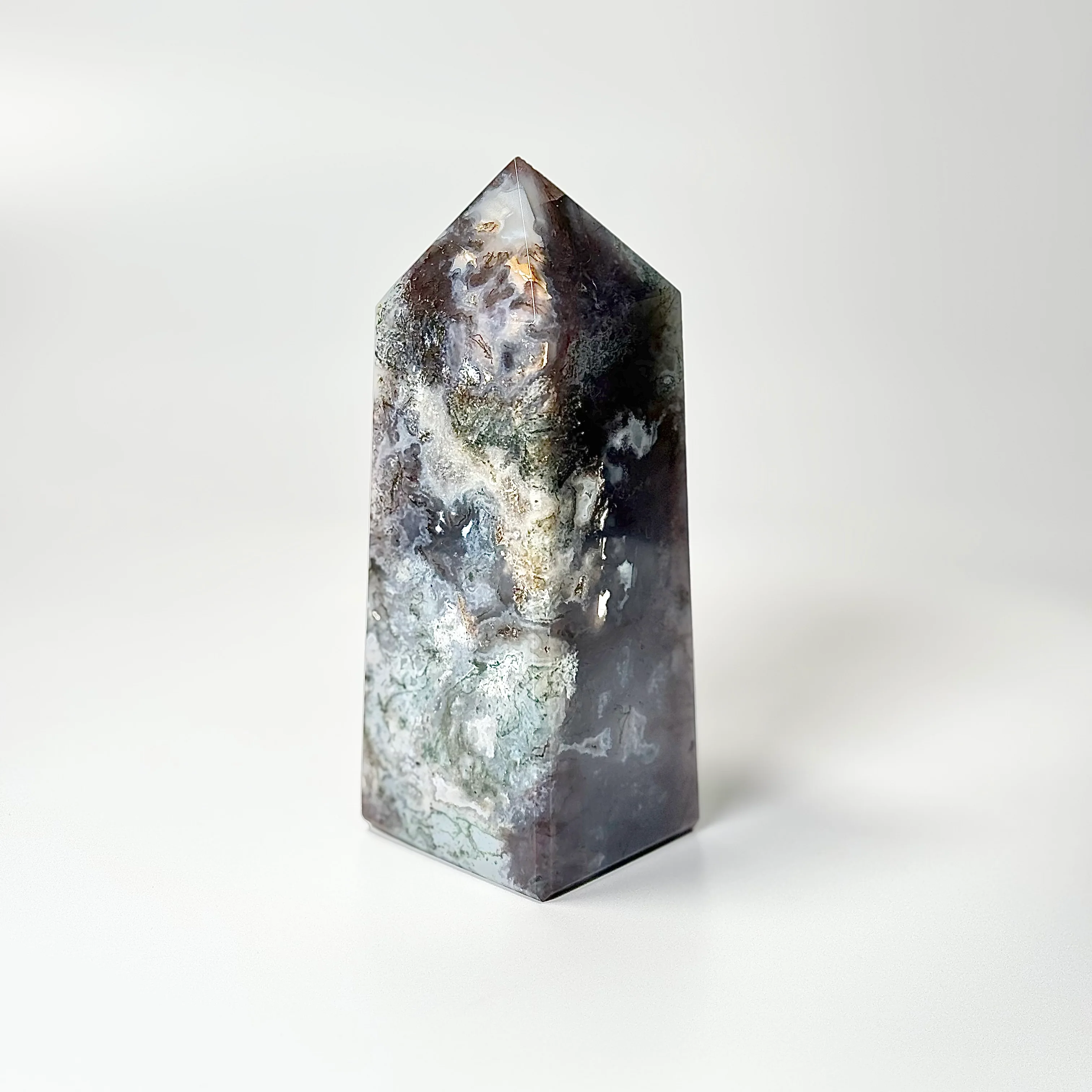 Four Facet Moss Agate Tower – 641g - Nature-Inspired Calm & Grounded Beauty
