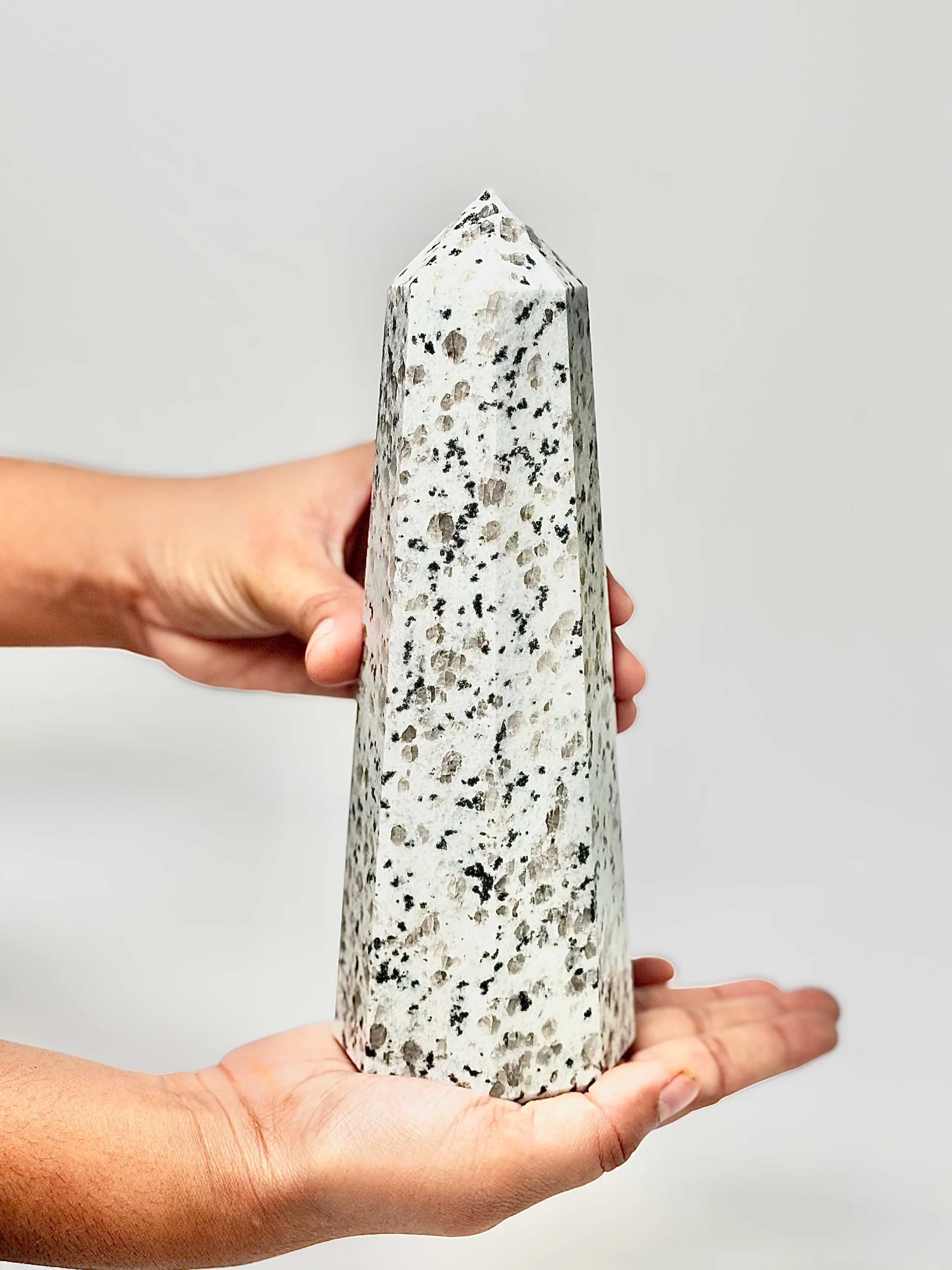 Eight Facet Indian Dalmatian Jasper Tower – 1.1 Kg (B)- Playful Elegance & Balanced Design - Image 3
