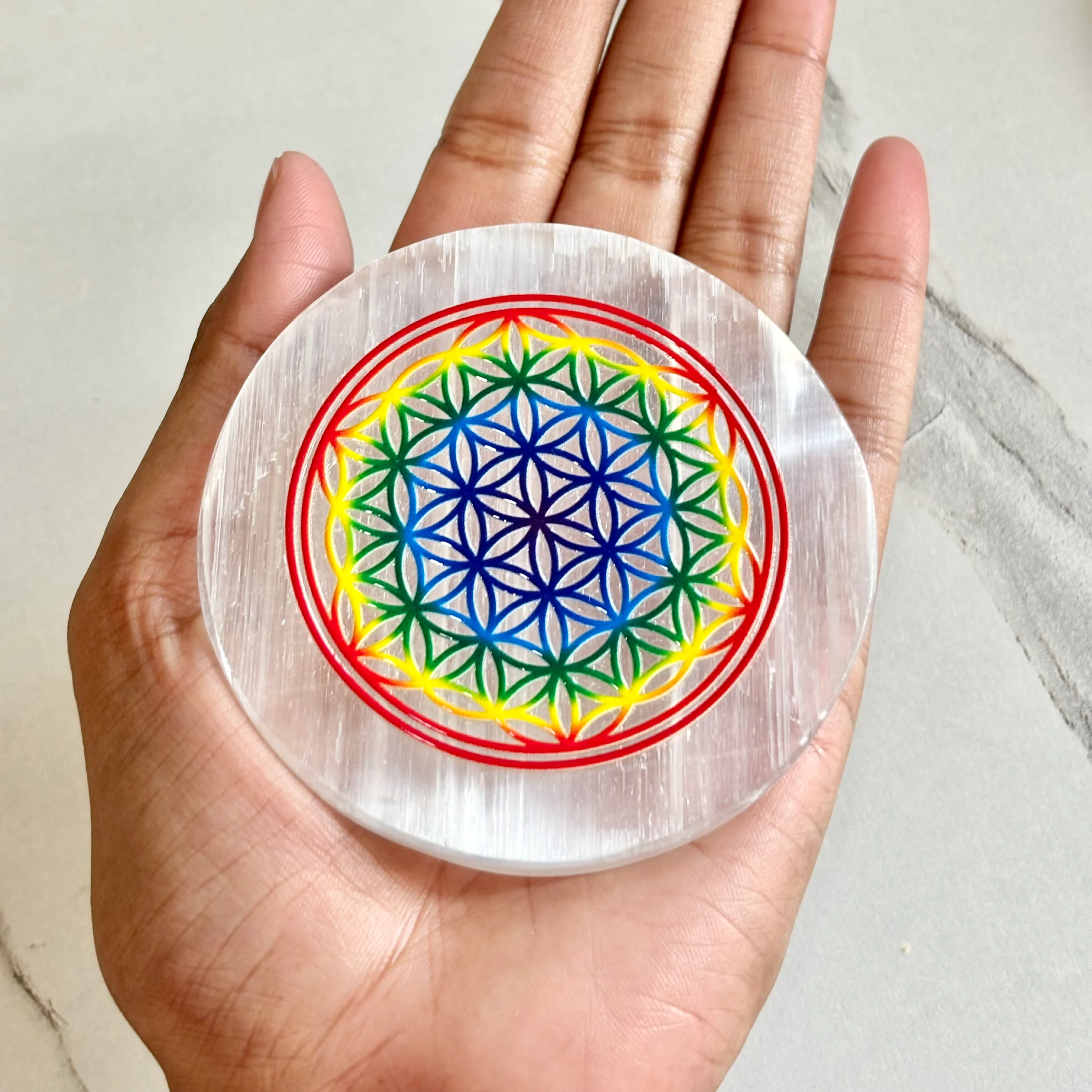 Flower of Life Selenite Plate – Sacred Geometry Energy Tool - Image 2