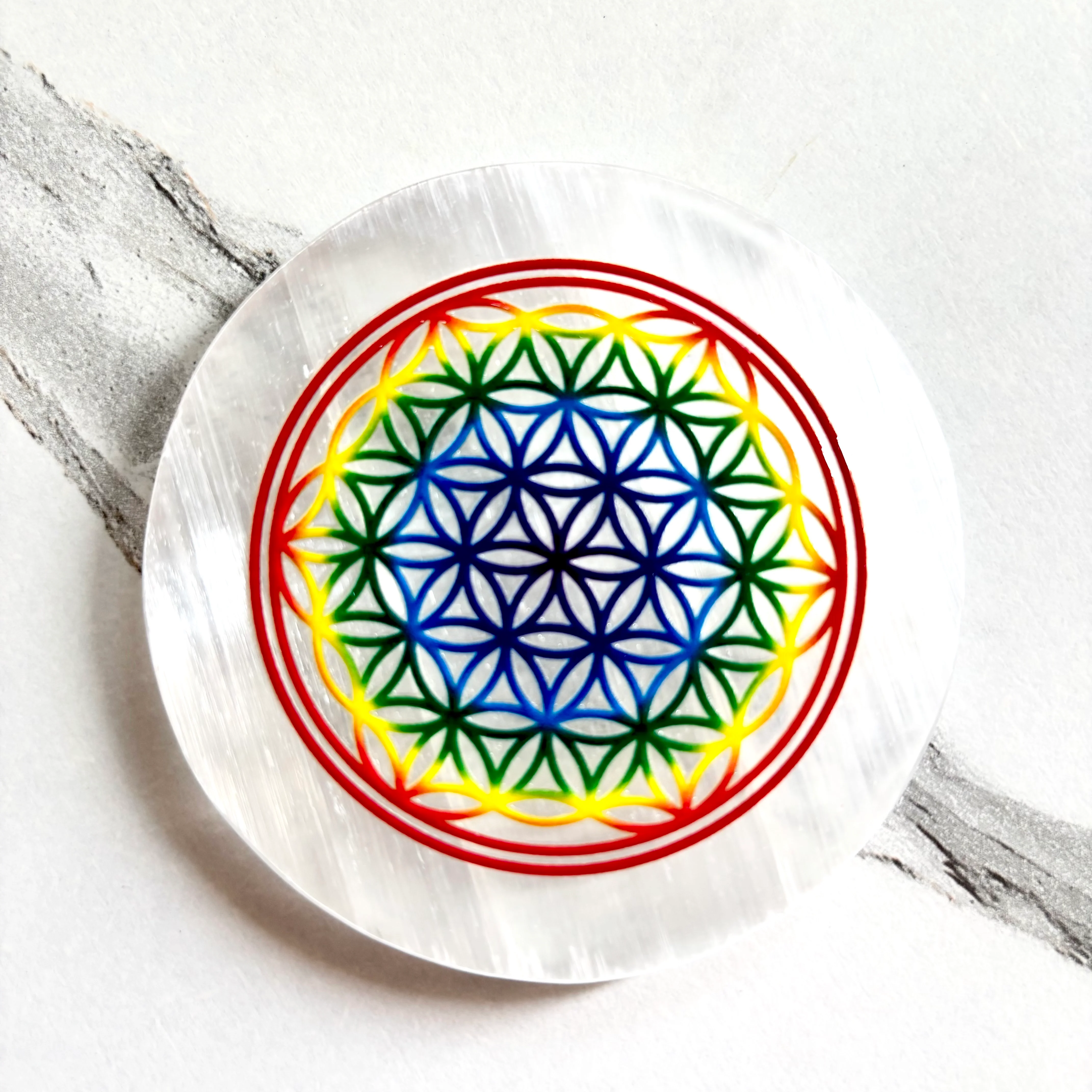 Flower of Life Selenite Plate – Sacred Geometry Energy Tool - Image 3