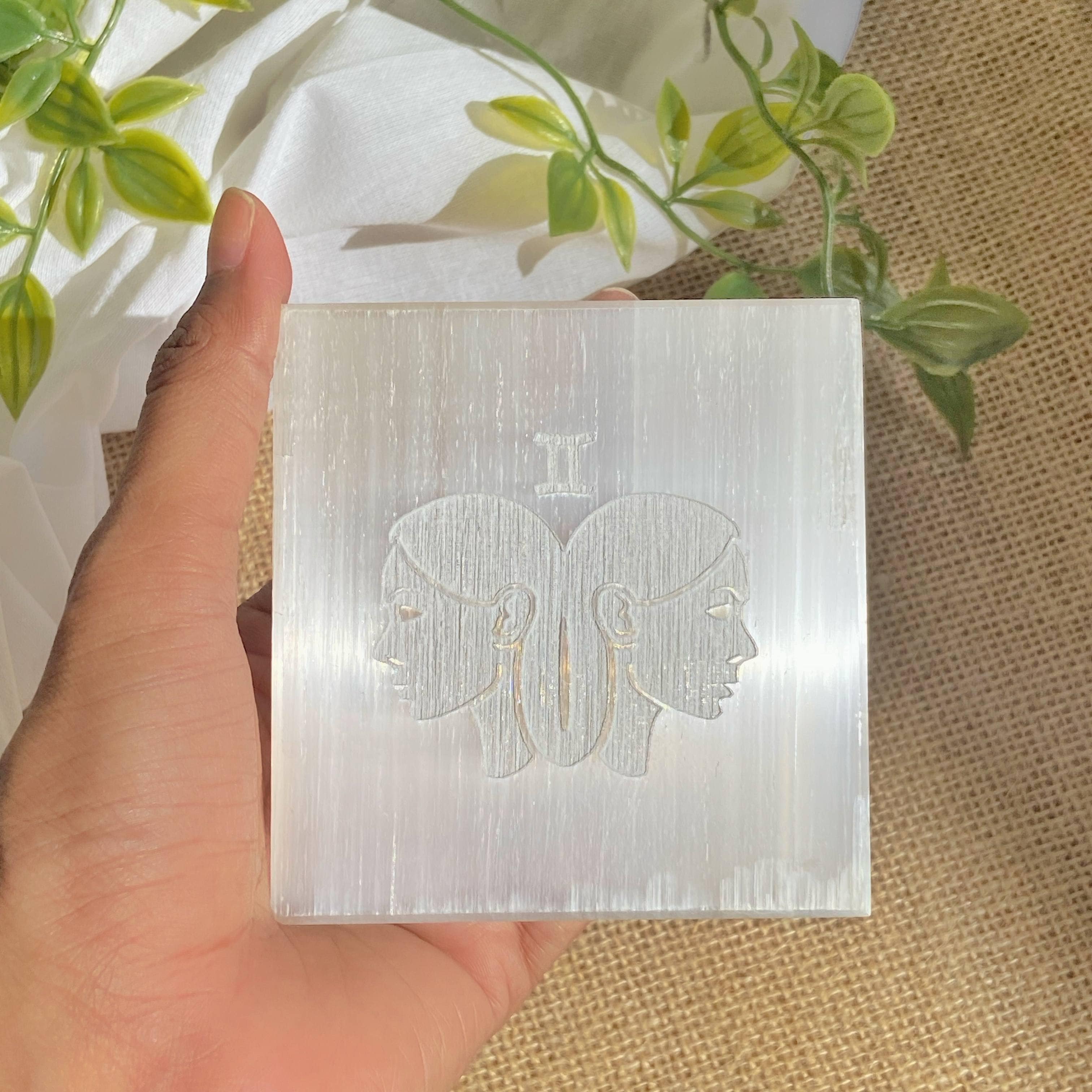 Gemini Zodiac Carved Selenite Plate (Satin Spar Selenite)- 3 Inches | Stone for Spiritual work & Cleansing