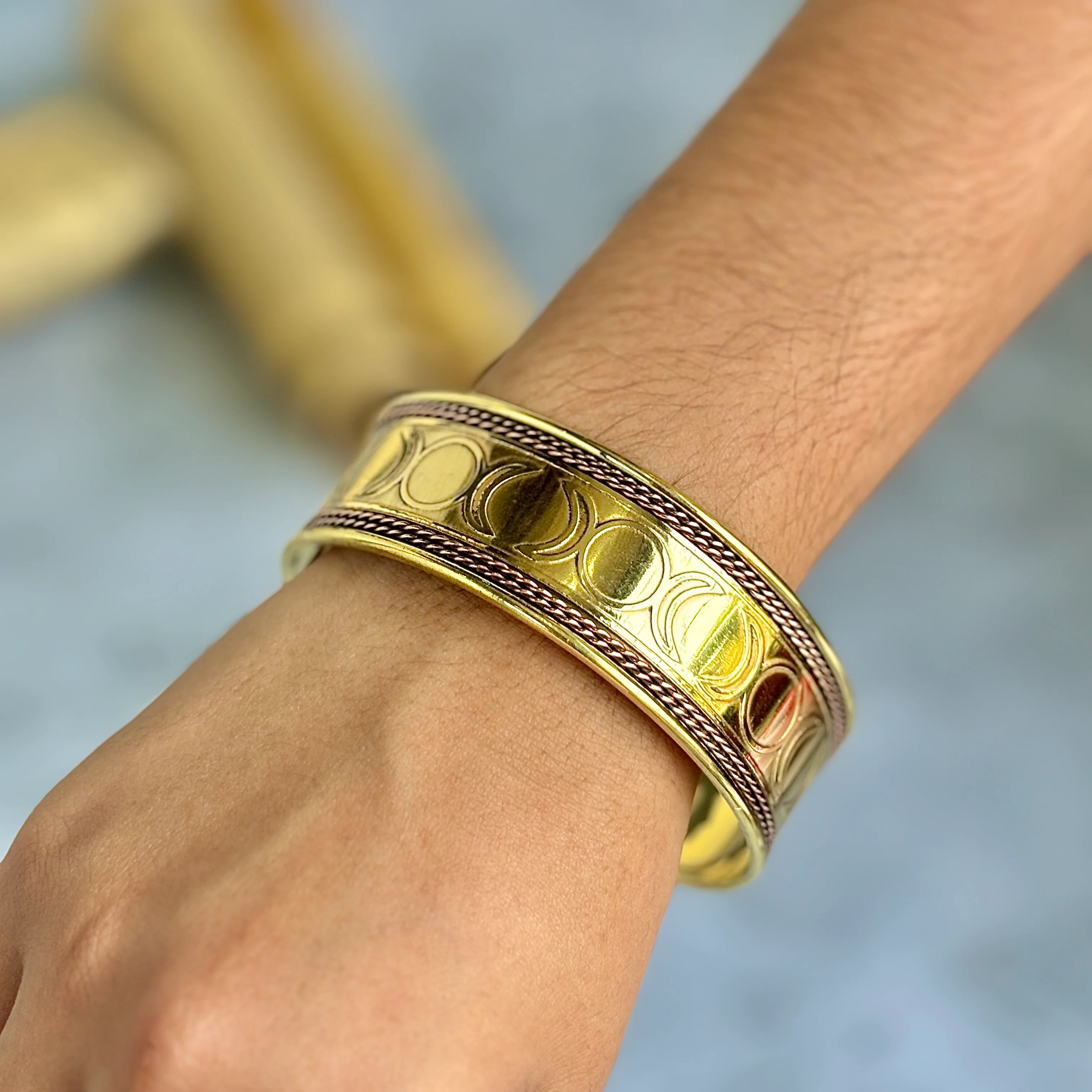 Gold finish Copper Bracelet with Triple Moon Symbol - Image 2