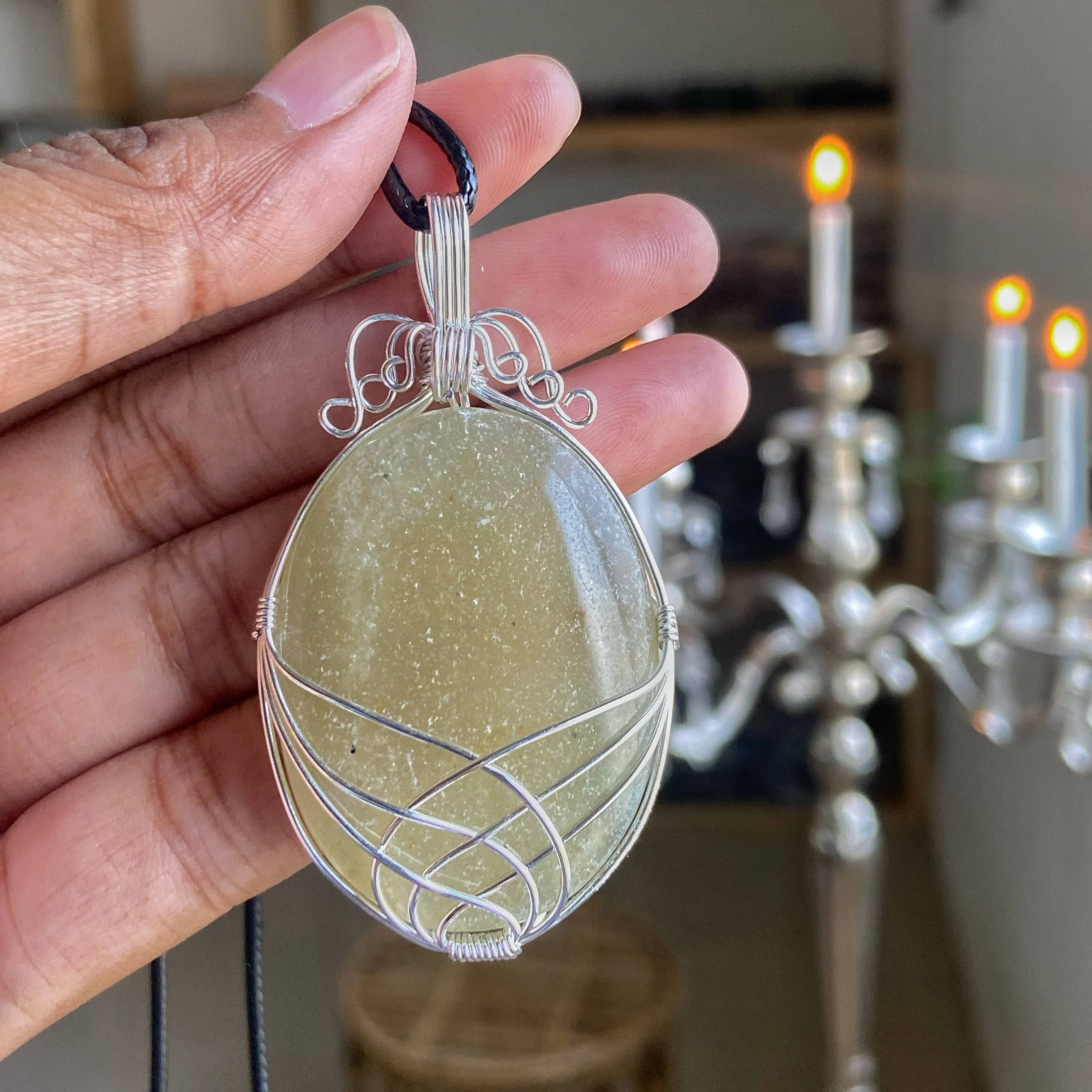 Green Aventurine silver wire wrapped pendant with black cord | Luck & Abundance - Image 2
