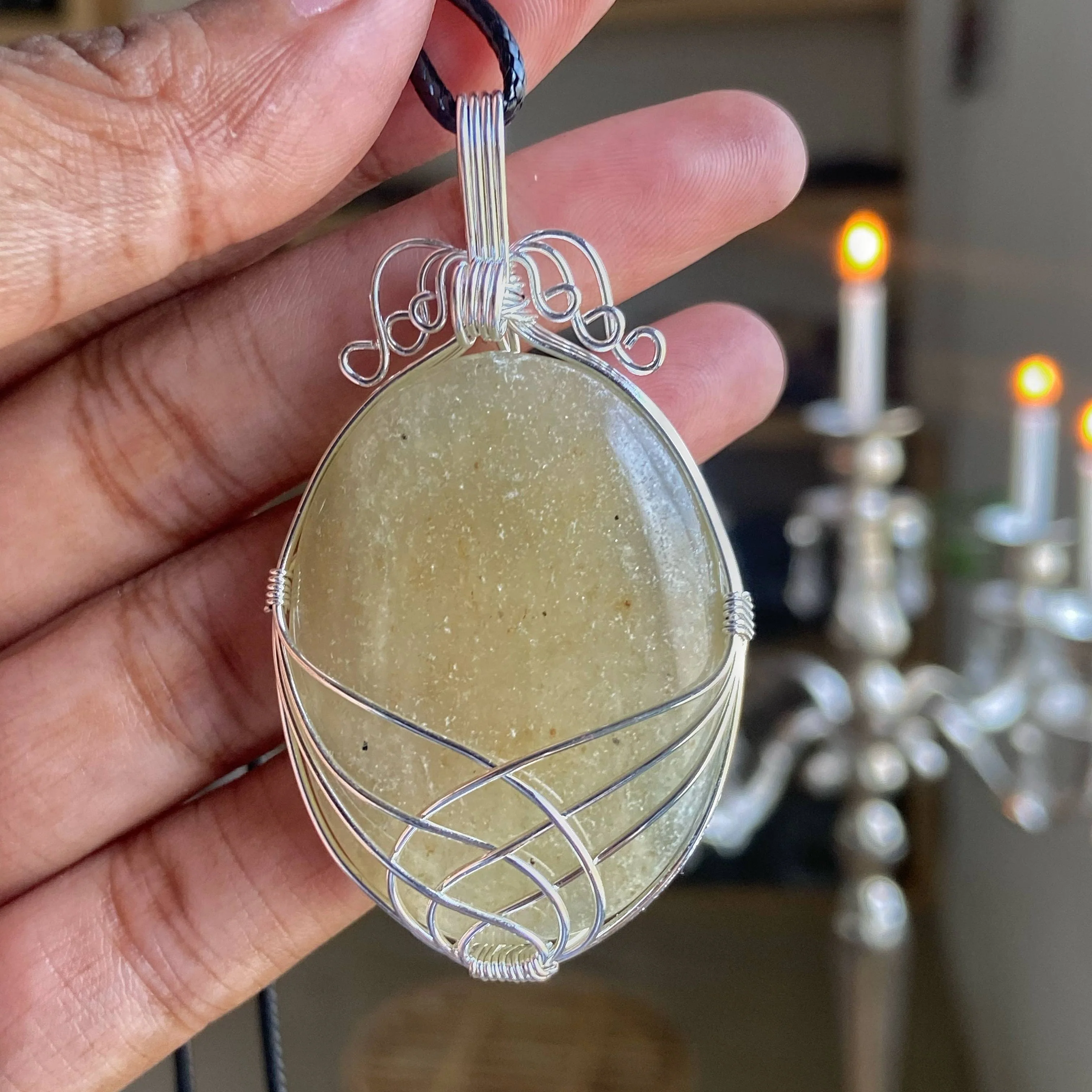Green Aventurine silver wire wrapped pendant with black cord | Luck & Abundance - Image 3