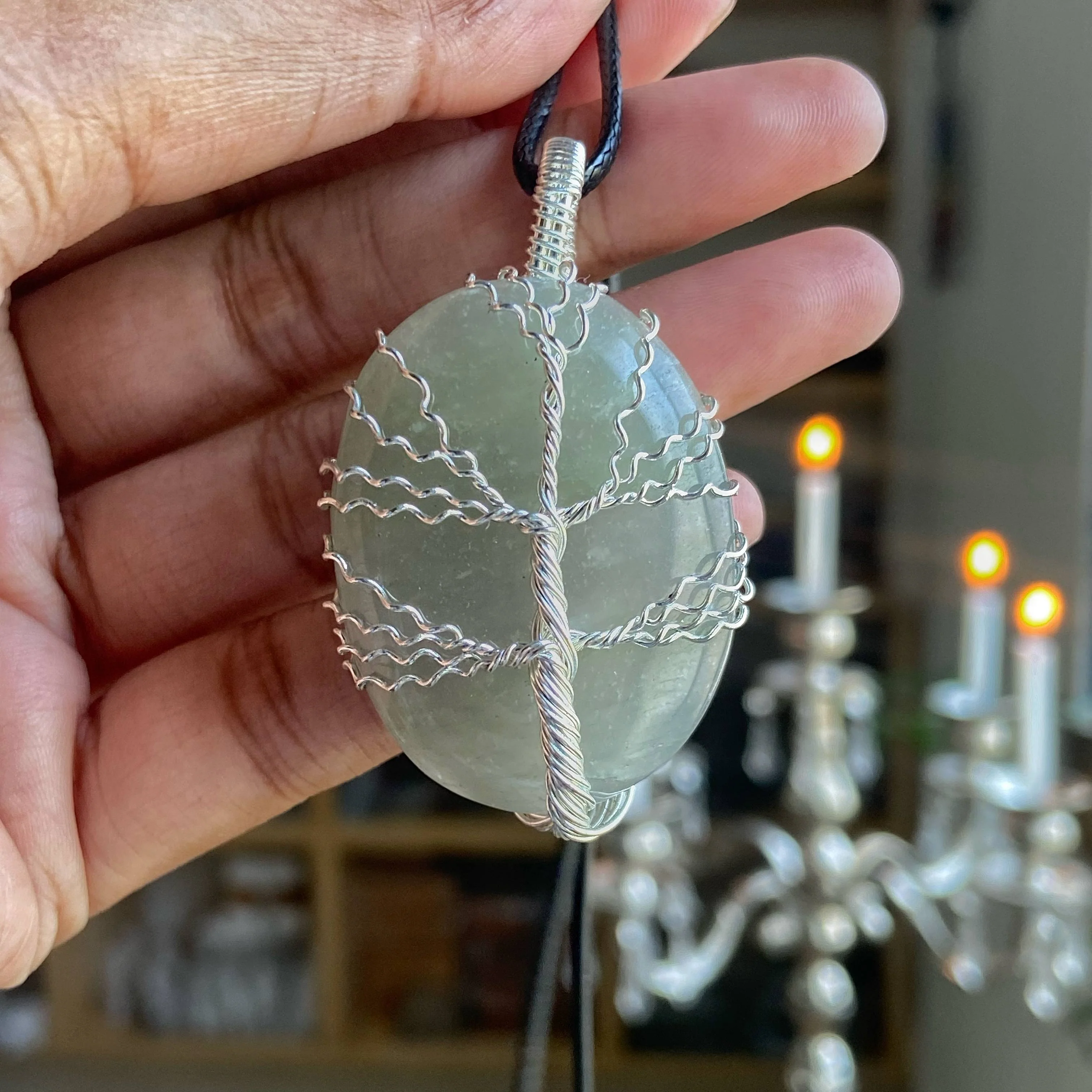 Green Aventurine Tree of Life silver wire wrapped pendant with cord | Luck & Abundance