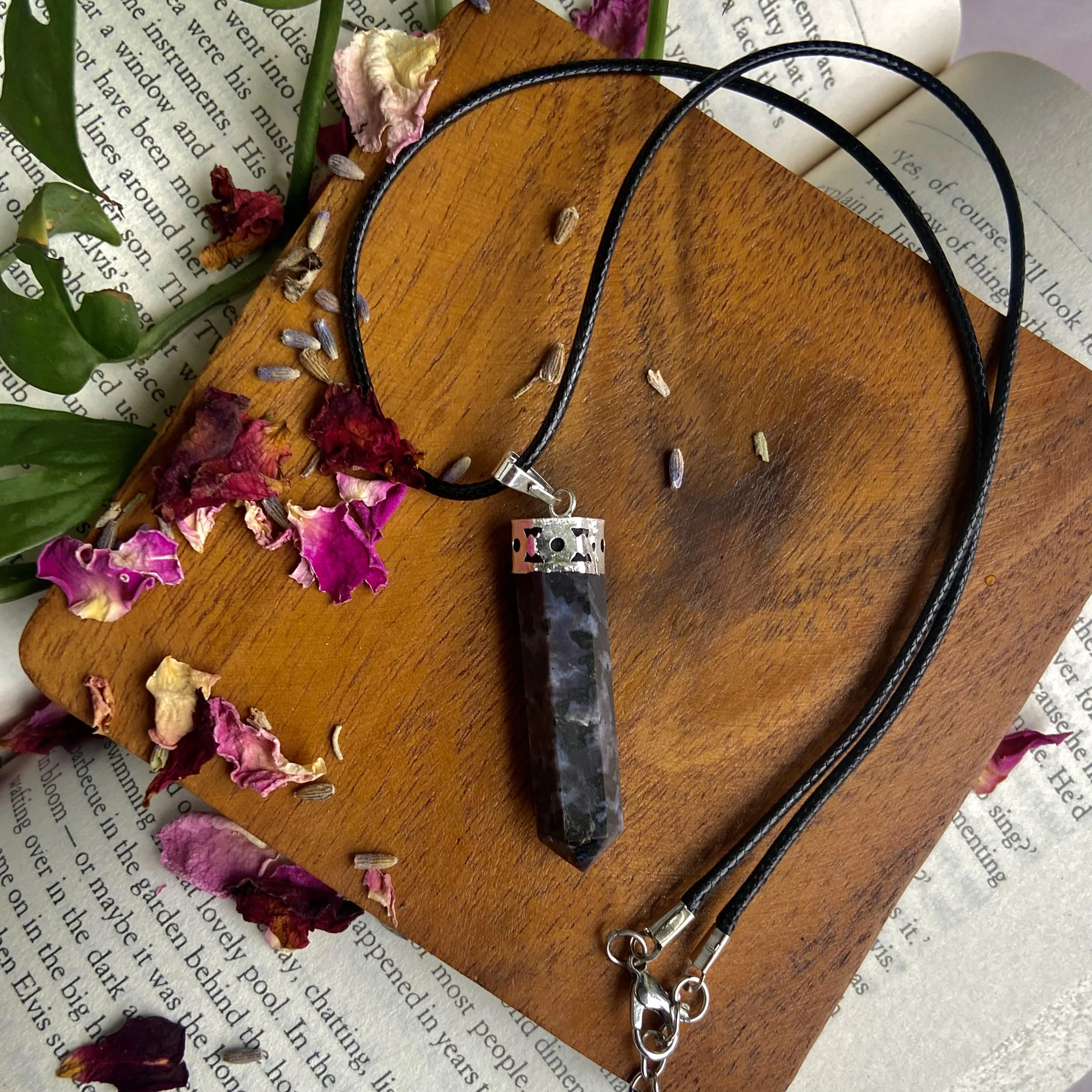Indigo Gabbro Pencil Pendant with leather cord | Mystic Merlinite | Enhance Spiritual and intuitive abilities