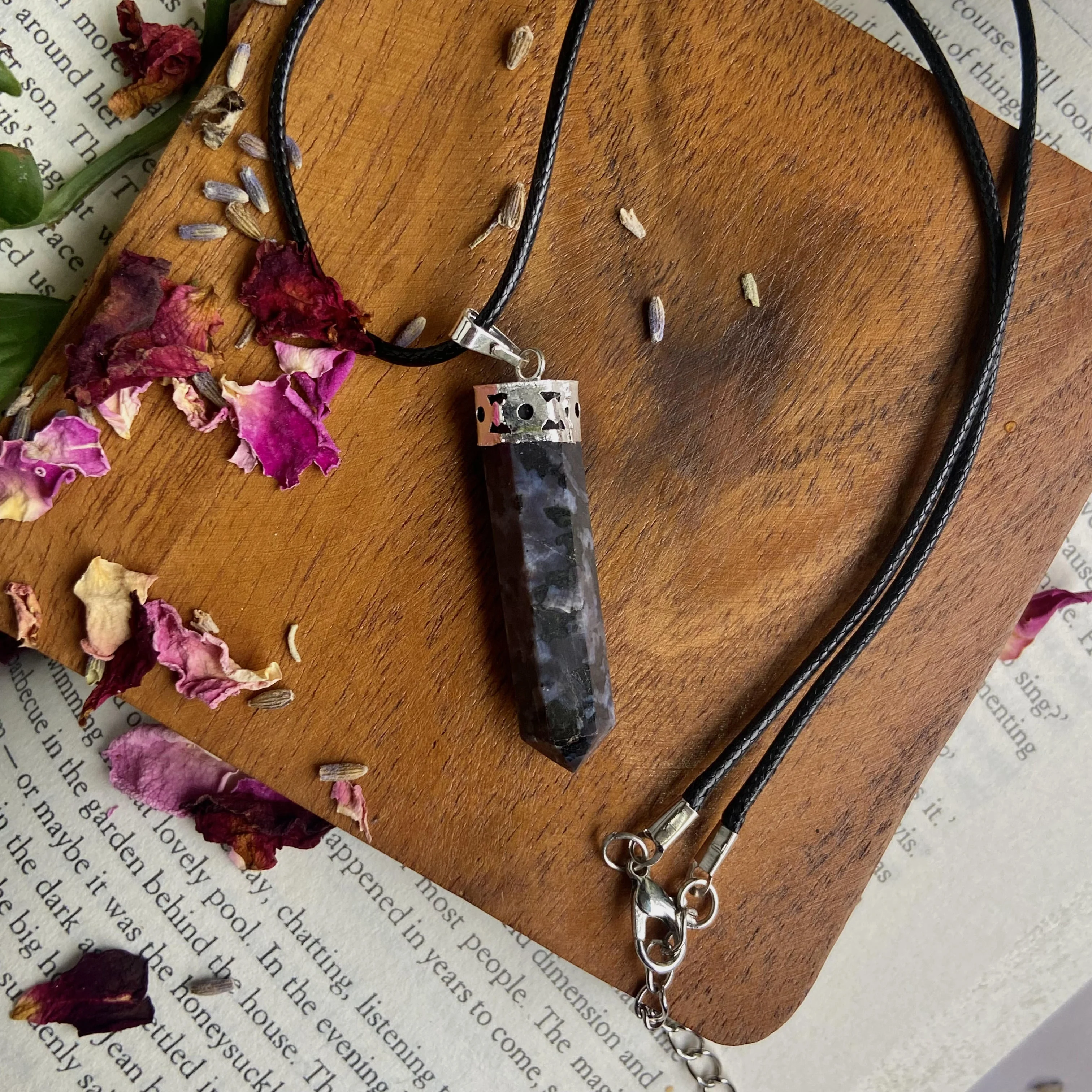 Indigo Gabbro Pencil Pendant with leather cord | Mystic Merlinite | Enhance Spiritual and intuitive abilities - Image 2