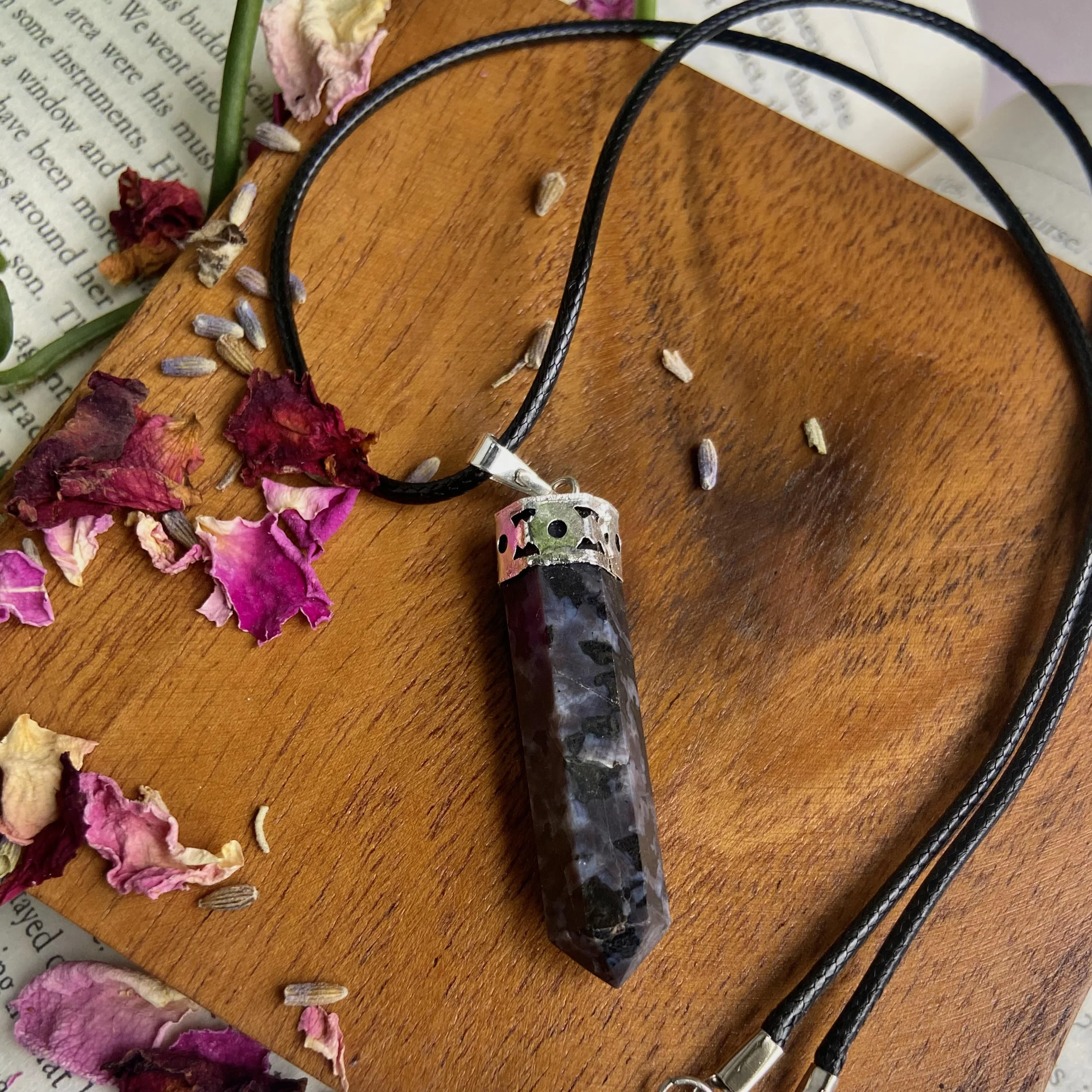 Indigo Gabbro Pencil Pendant with leather cord | Mystic Merlinite | Enhance Spiritual and intuitive abilities - Image 3
