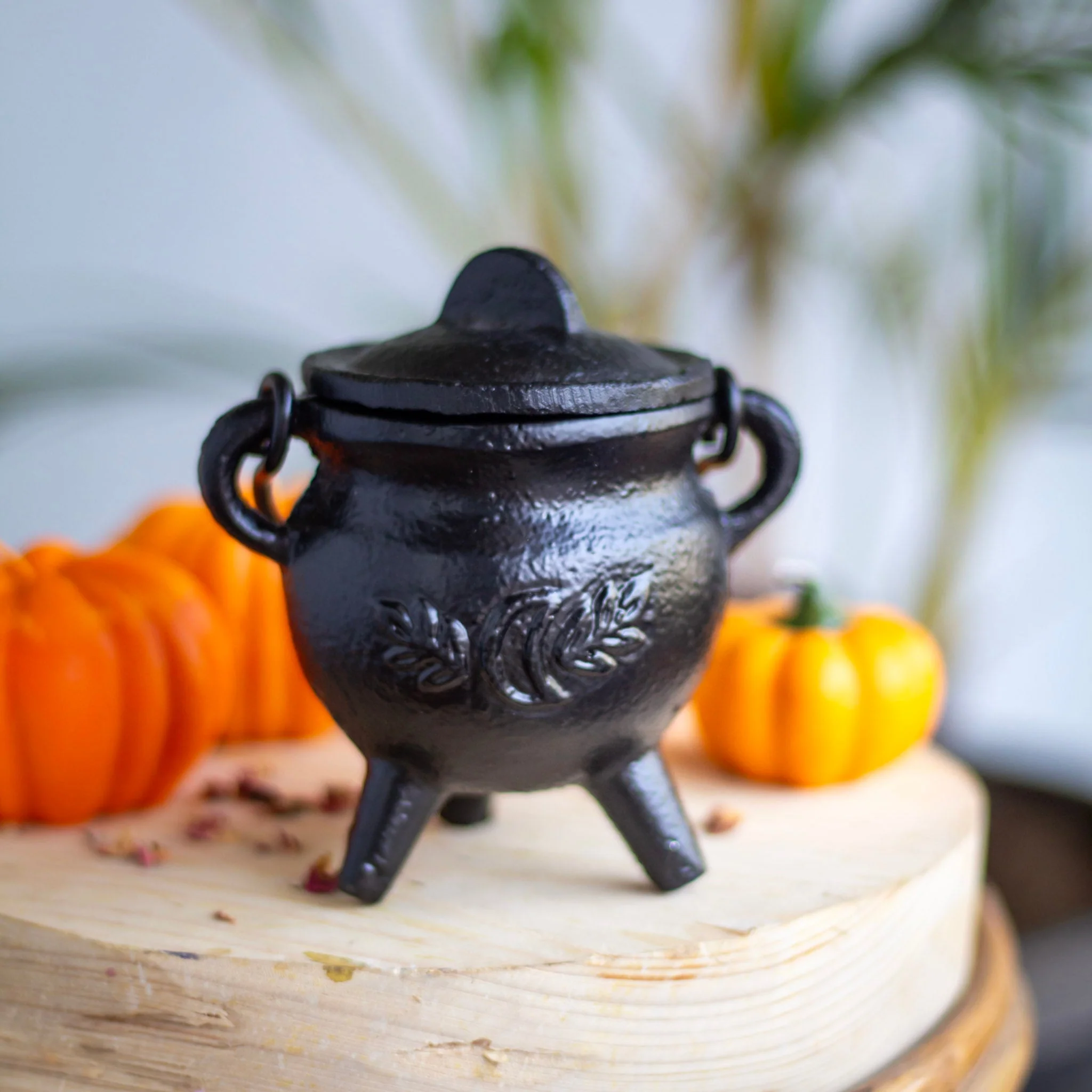 Leaf Carved Mini Cauldron with Lid - Image 5