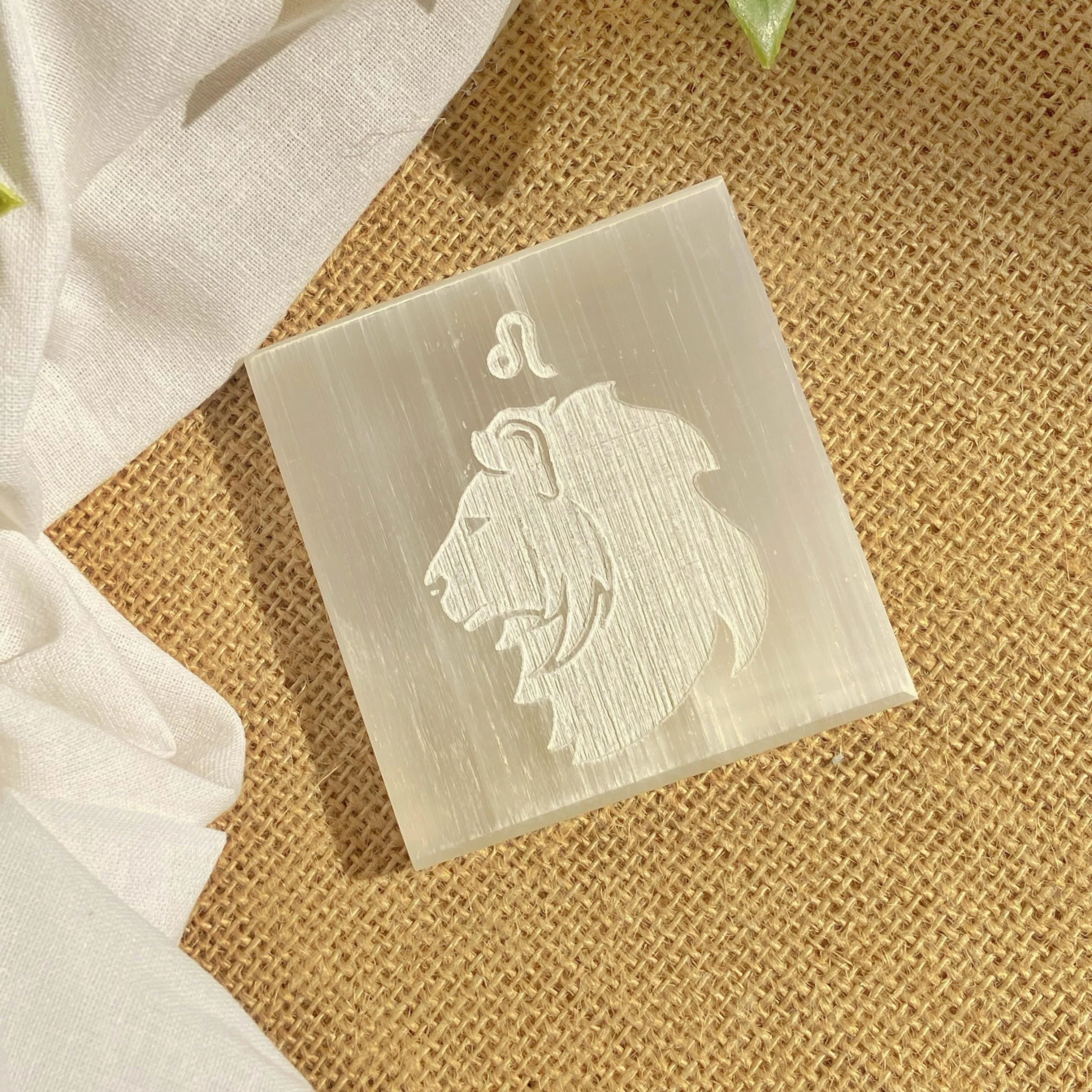 Leo Zodiac Carved Selenite Plate - 3 Inches (Satin Spar Selenite) | Stone for Spiritual work & Cleansing - Image 3