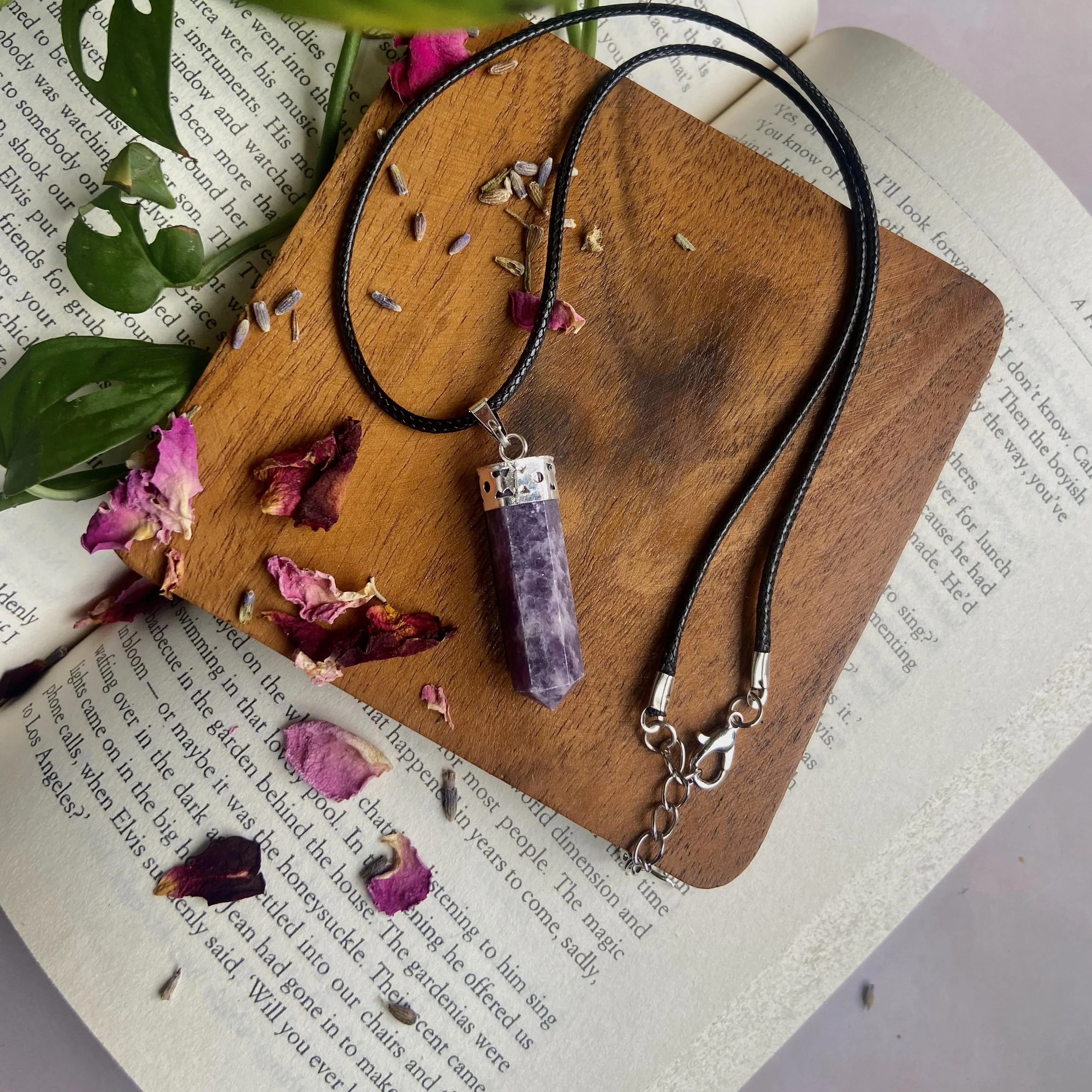 Lepidolite Pencil Pendant with leather cord |  Helps discover Personal Purpose & Success