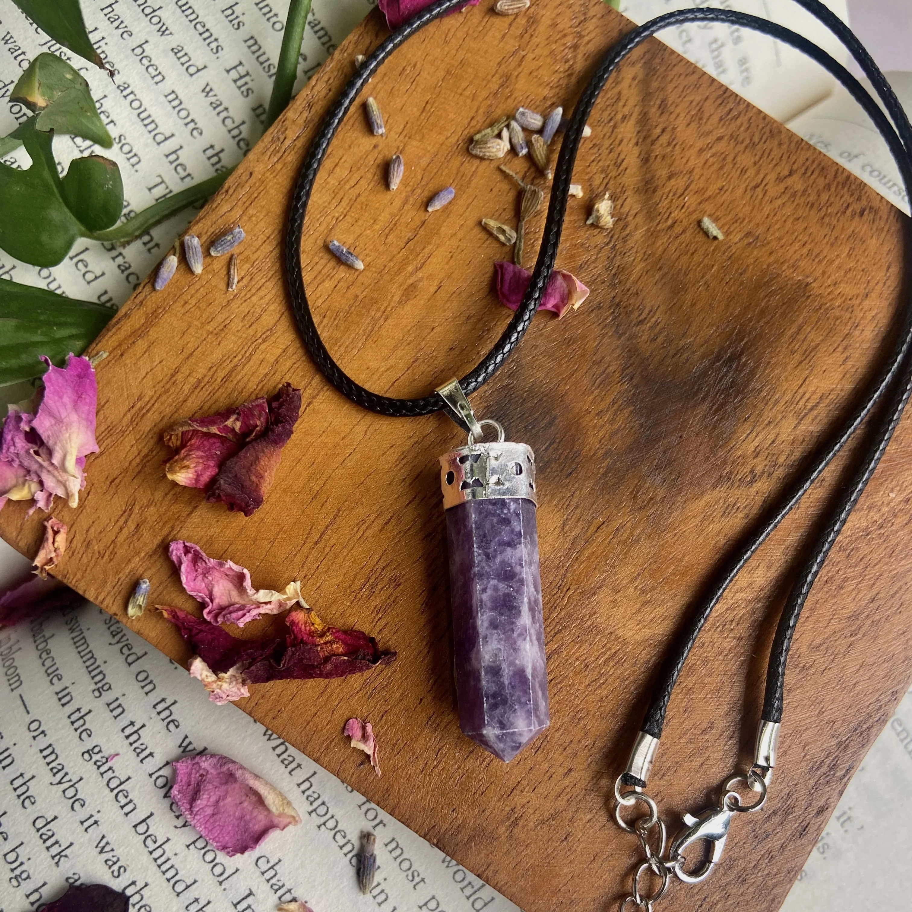 Lepidolite Pencil Pendant with leather cord |  Helps discover Personal Purpose & Success - Image 2
