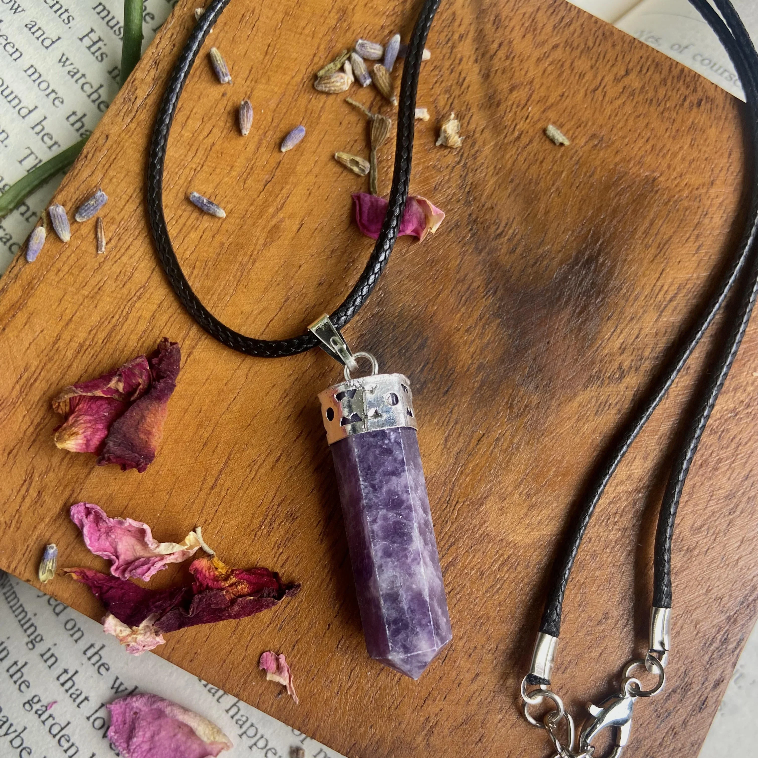 Lepidolite Pencil Pendant with leather cord |  Helps discover Personal Purpose & Success - Image 3