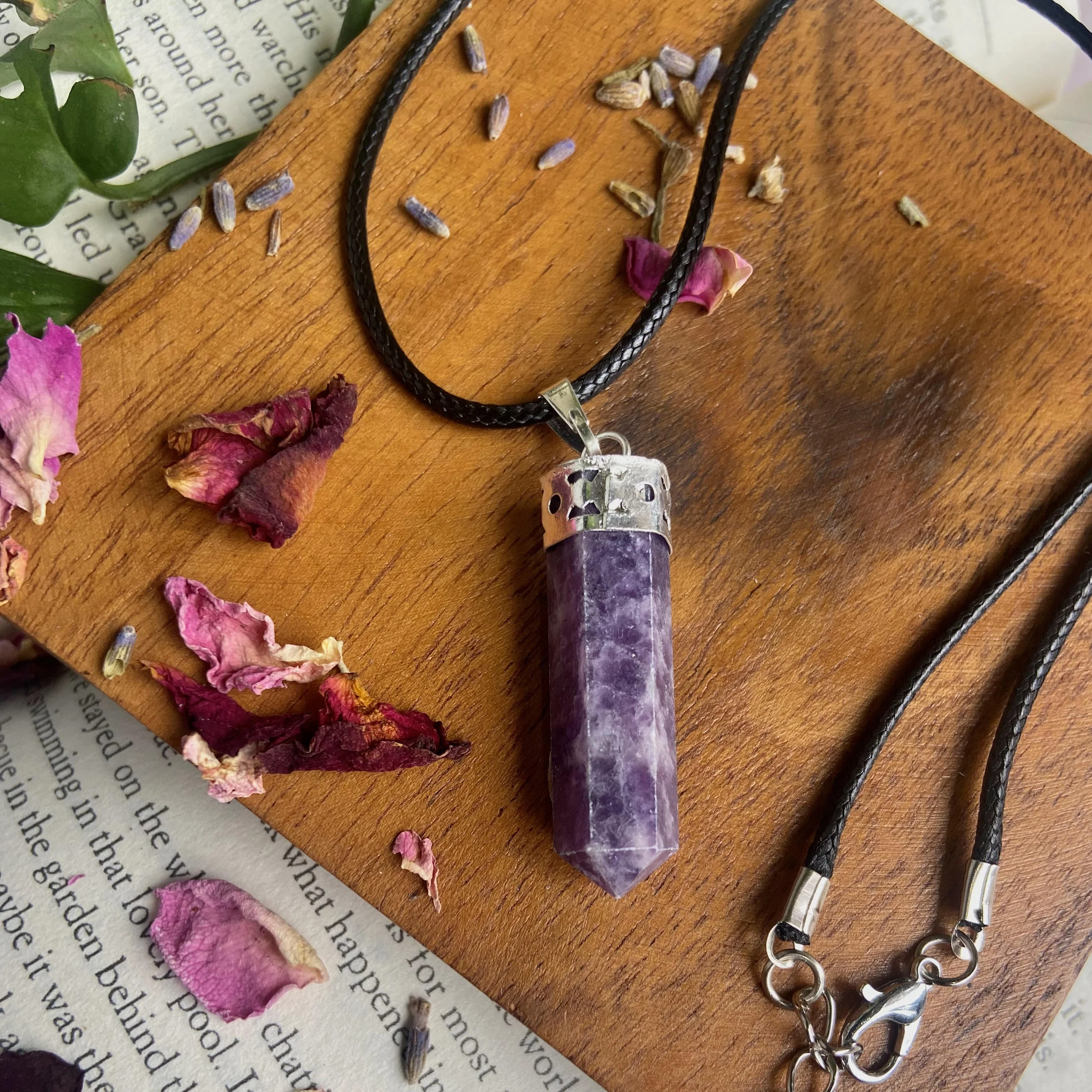 Lepidolite Pencil Pendant with leather cord |  Helps discover Personal Purpose & Success - Image 4