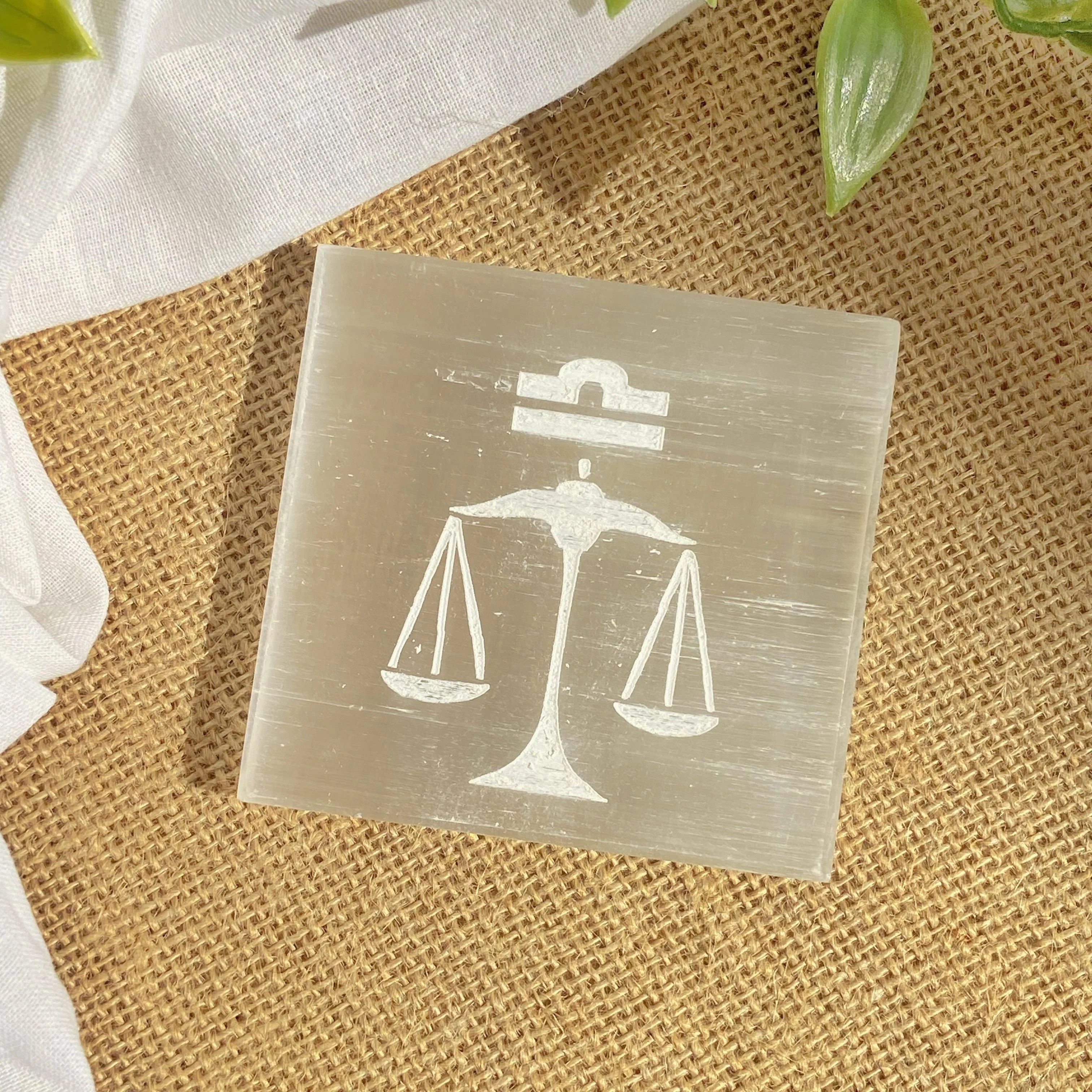 Libra Zodiac Carved Selenite Plate - 3 Inches (Satin Spar Selenite) | Stone for Spiritual work & Cleansing