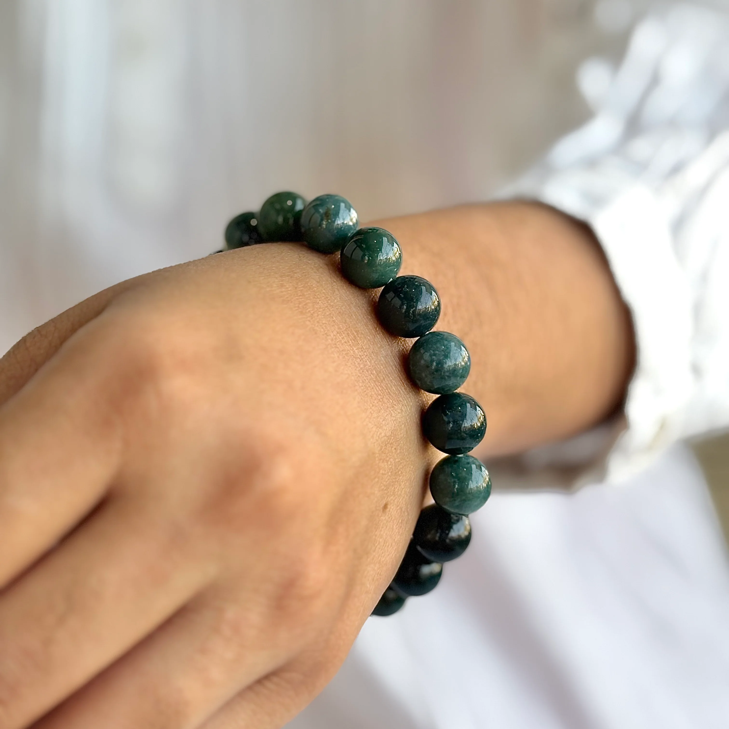 Moss Agate Bead Bracelet - 10mm | Promotes wealth and business growth - Image 3