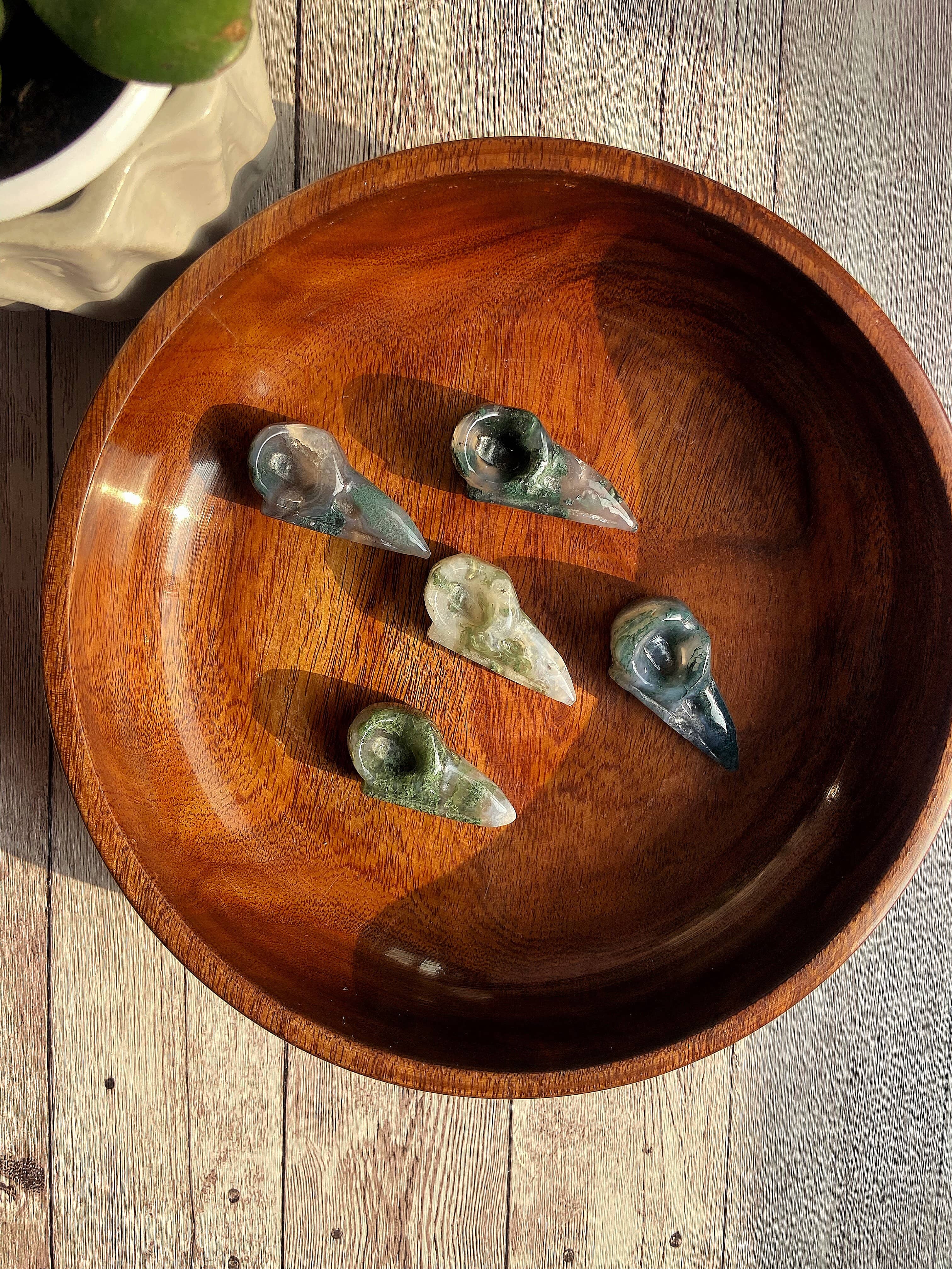 Moss Agate Raven Skull Carving