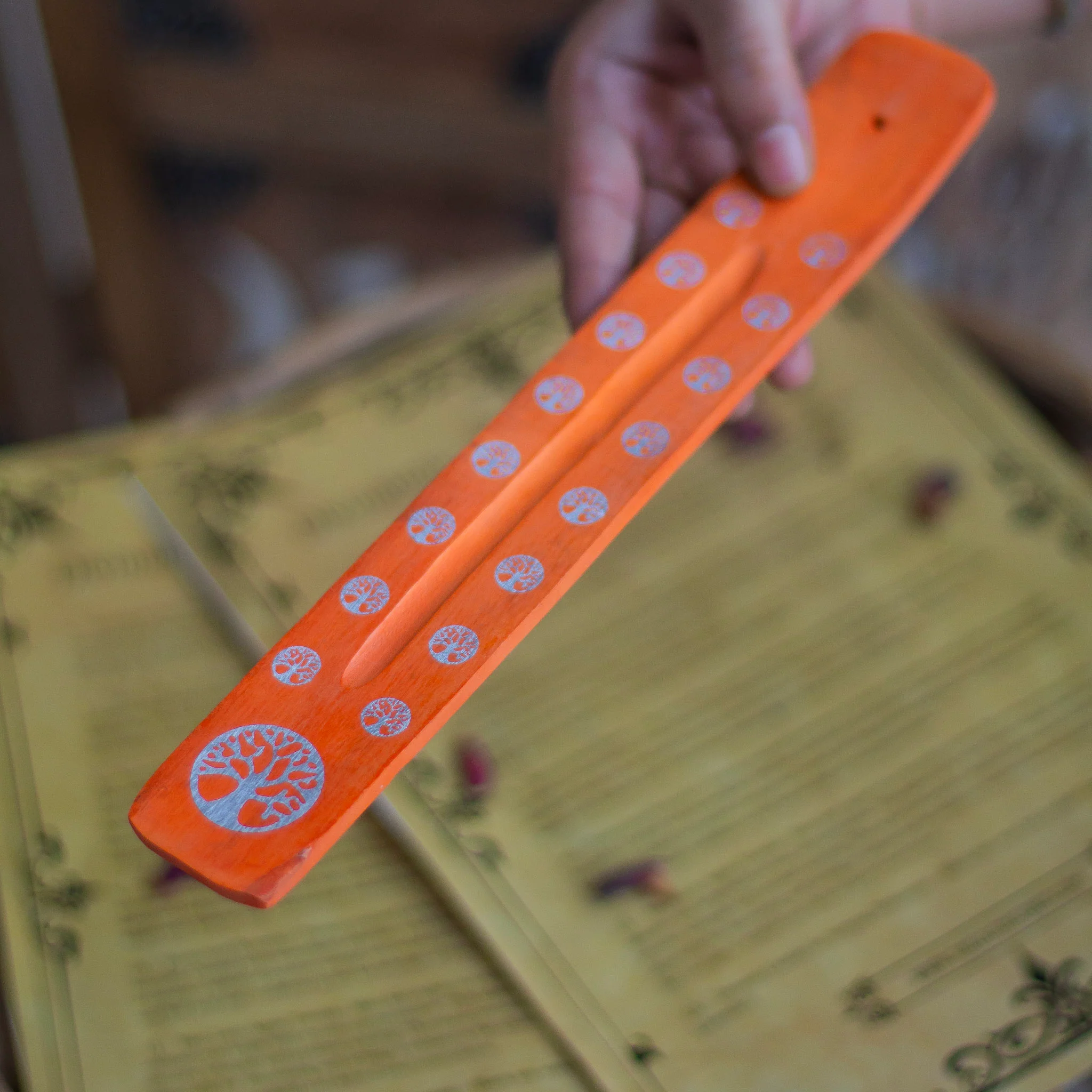 Orange wooden Incense Stick Holder with the print of Tree of Life - Image 2
