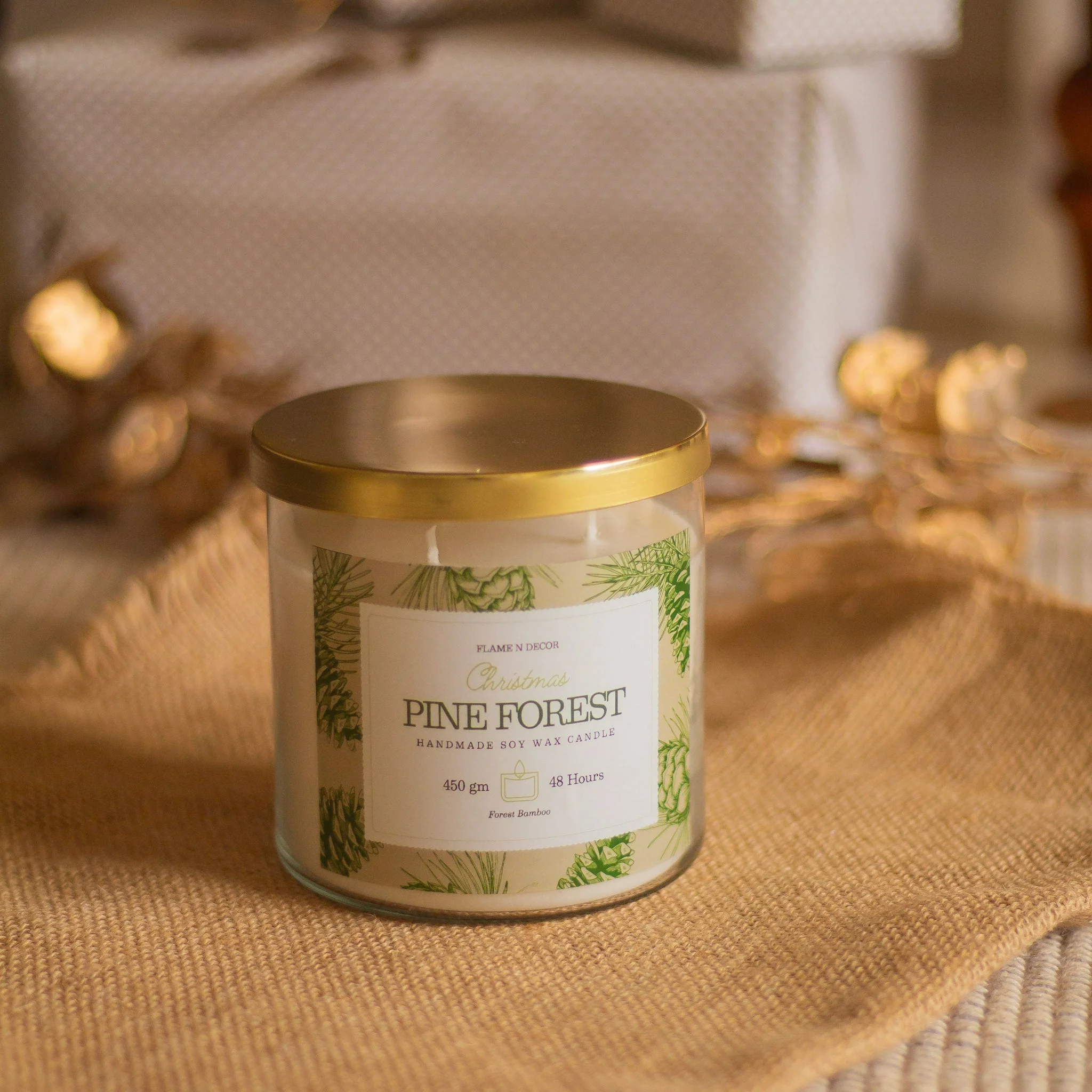 Pine Forest 3 wick Soy Candle with Golden Lid - Image 4