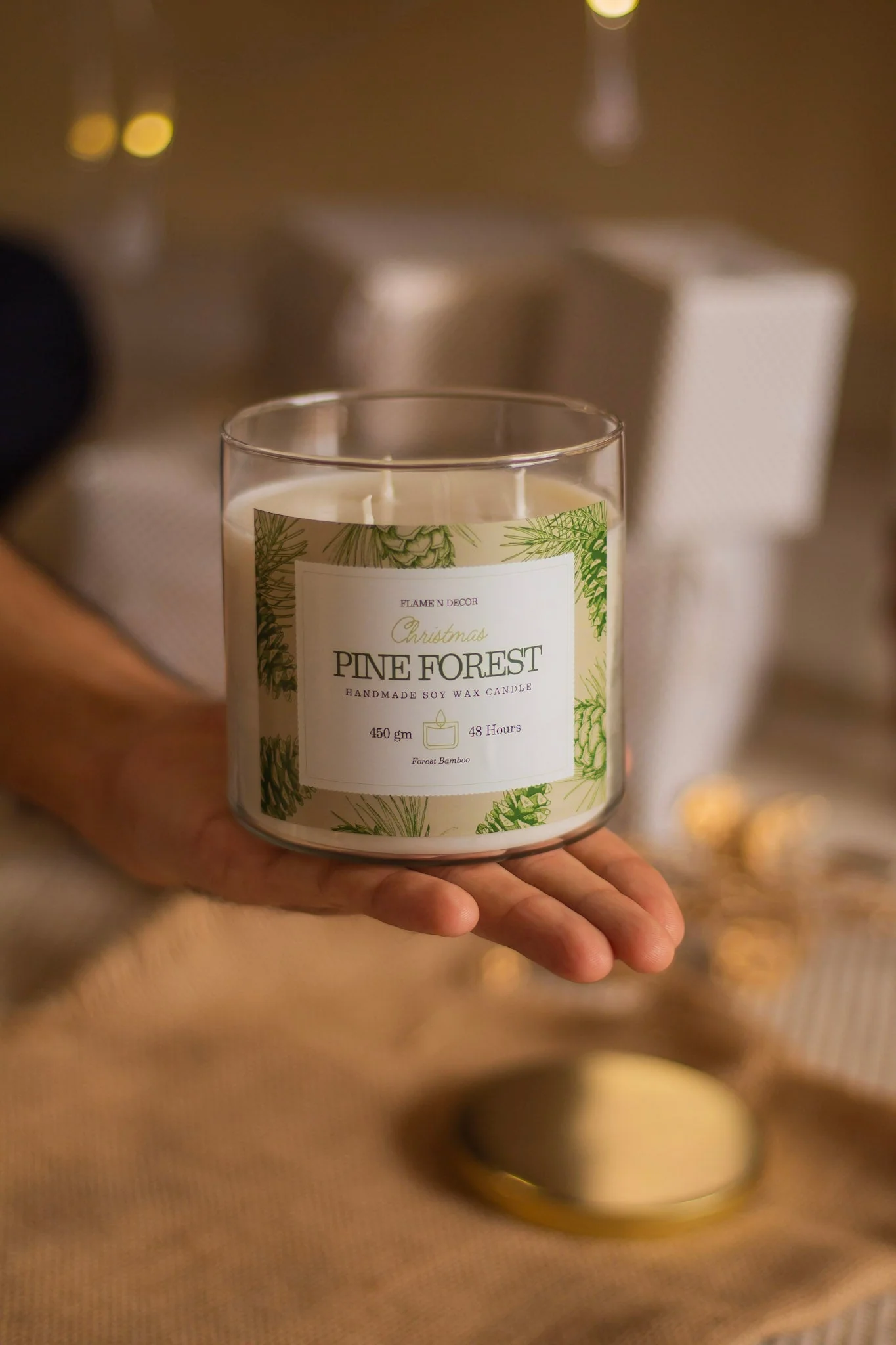 Pine Forest 3 wick Soy Candle with Golden Lid - Image 5