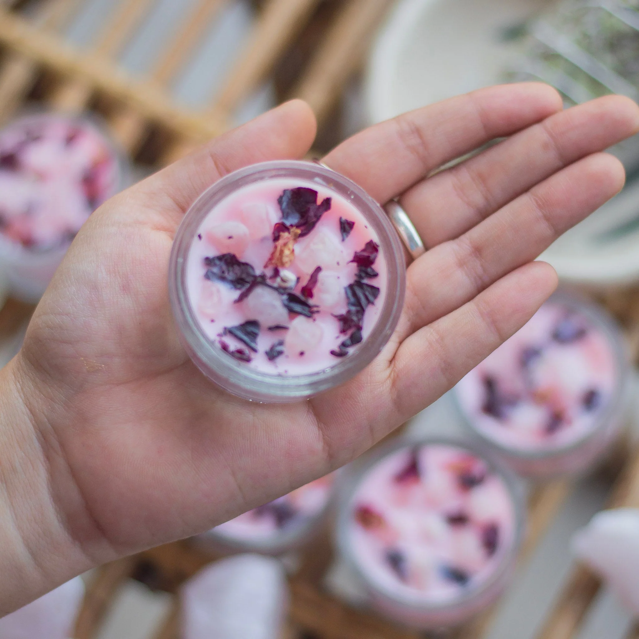 Rose Petals + Rose Quartz + Pink Colour Scented Soy Wax Tealight Candles- Set of 8 | Available in Glass Container & Refill - Image 3