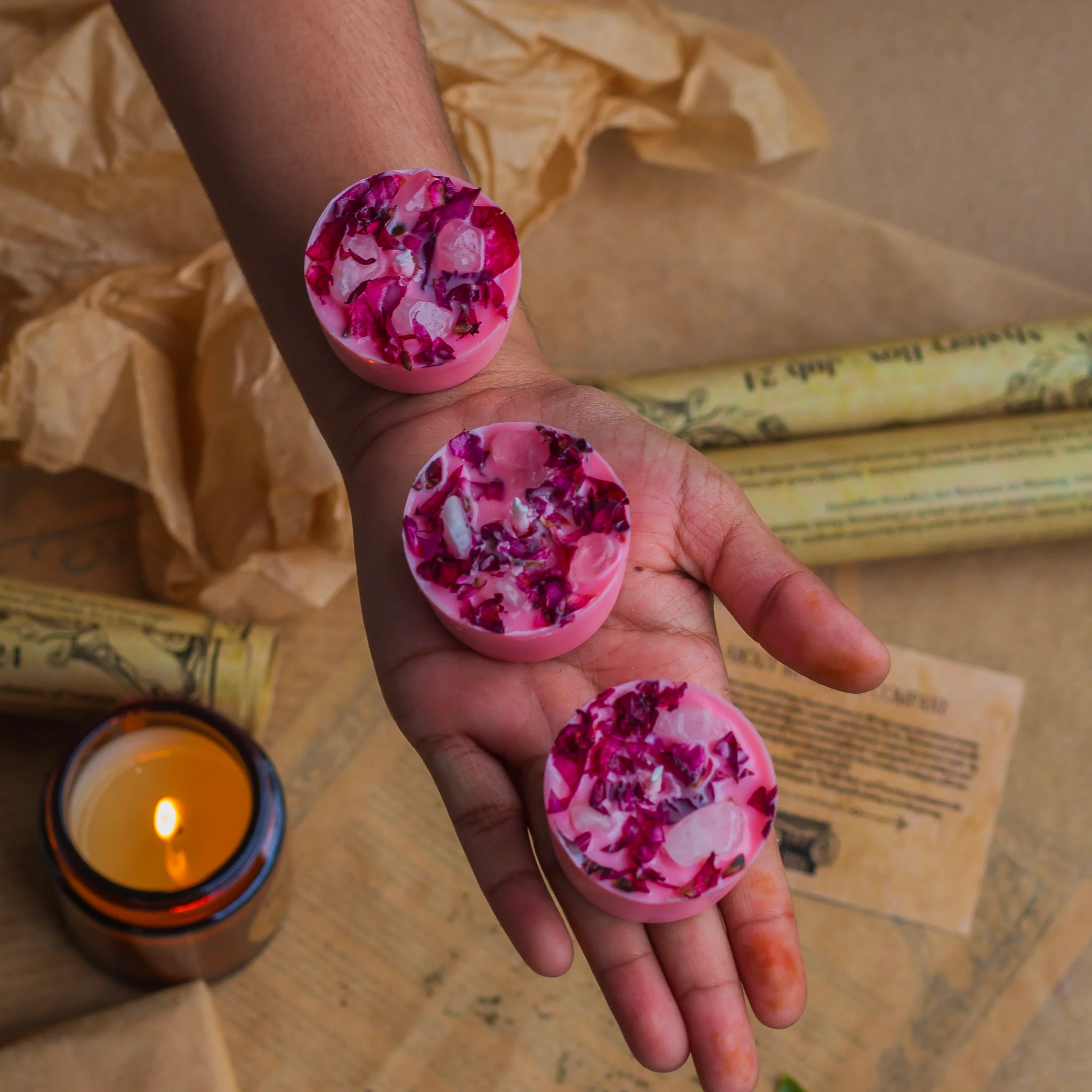 Rose Petals + Rose Quartz + Pink Colour Scented Soy Wax Tealight Candles- Set of 8 | Available in Glass Container & Refill - Image 4