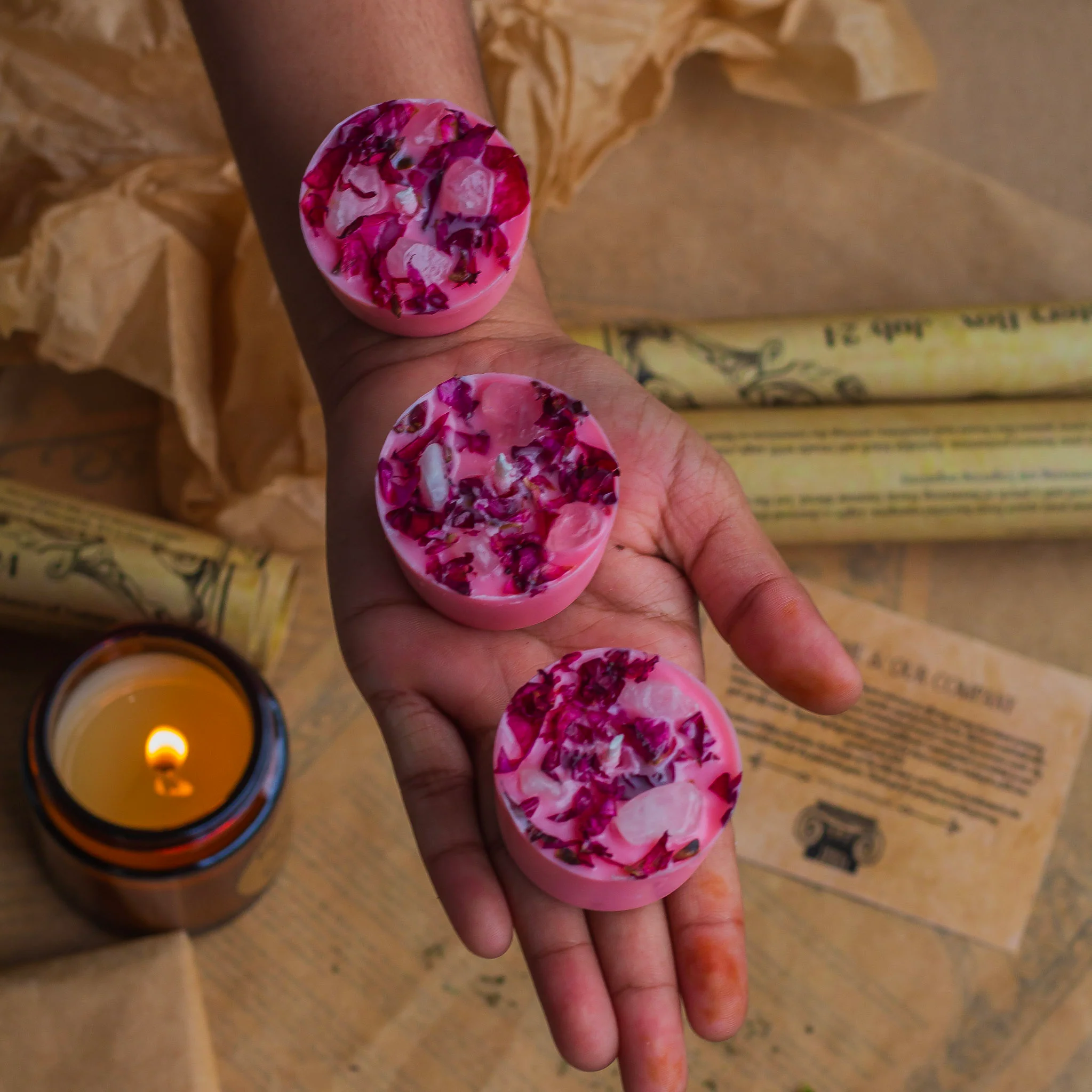Rose Petals + Rose Quartz + Pink Colour Scented Soy Wax Tealight Candles- Set of 8 | Available in Glass Container & Refill - Image 5