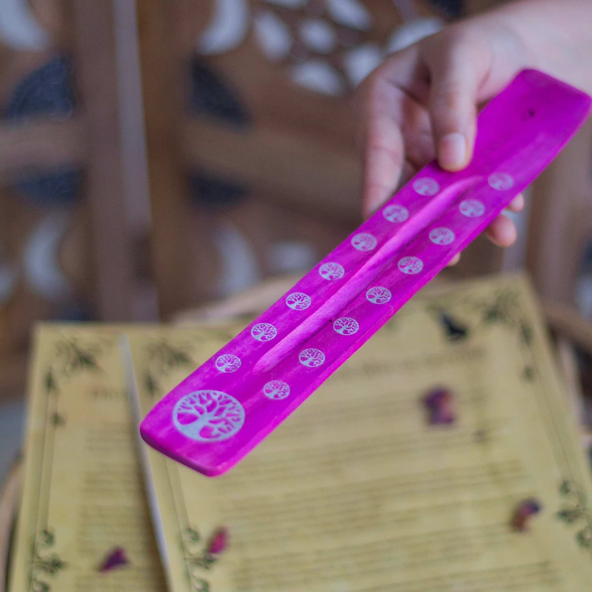 Pink wooden Incense Stick Holder with the print of Tree of Life - Image 2