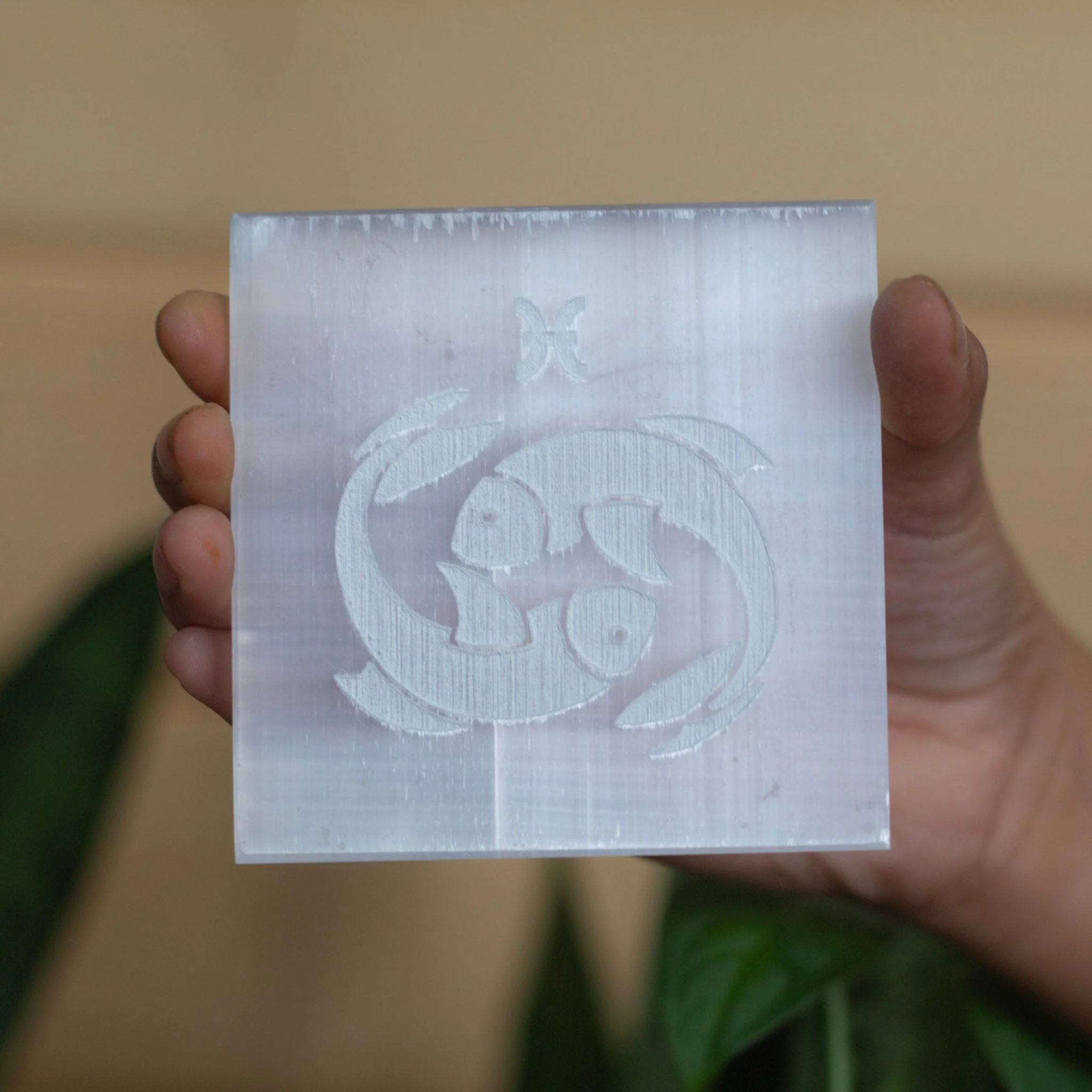 Pisces zodiac symbol carved Selenite Plate (Satin Spar Selenite) | Stone for Spiritual work & Cleansing - Image 2