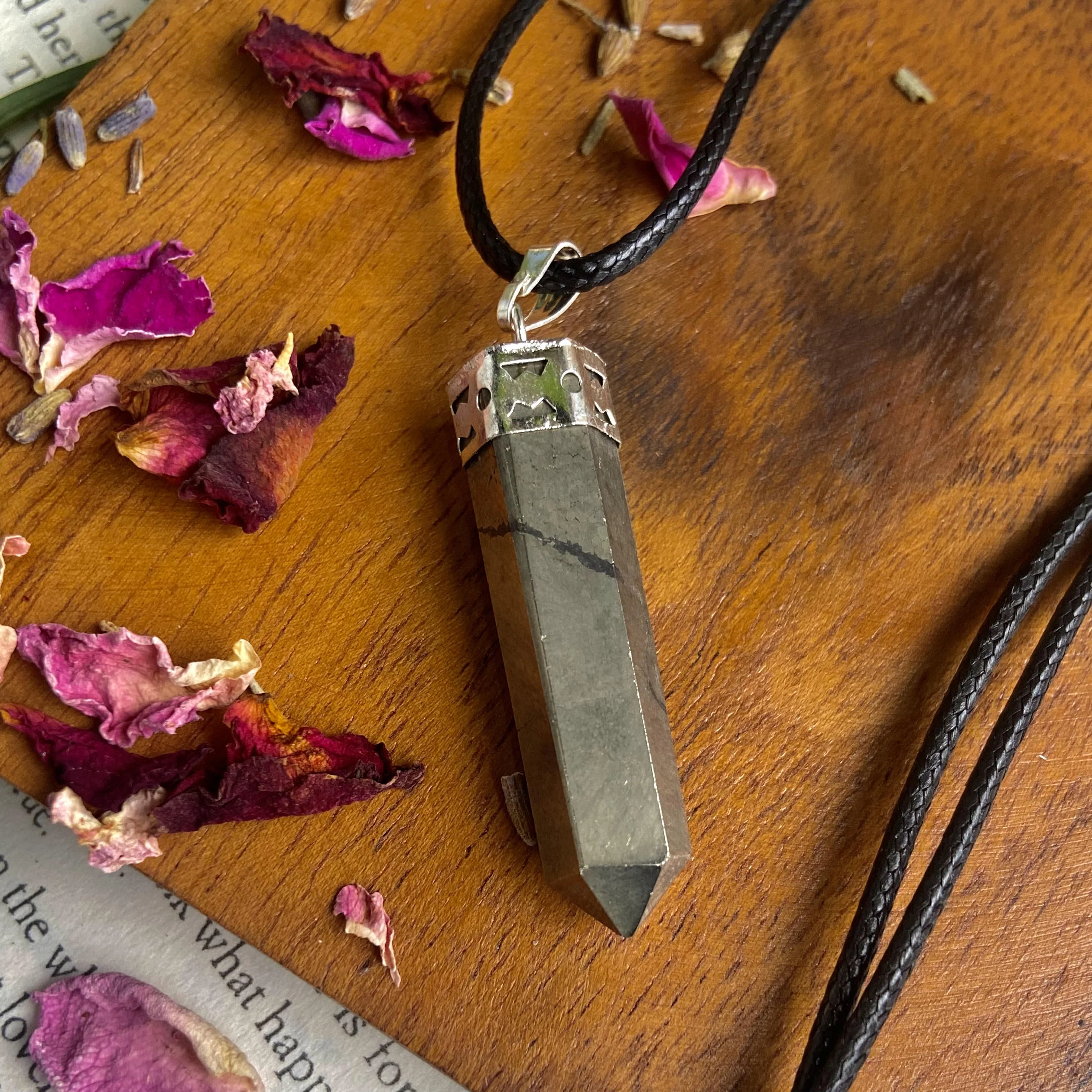 Pyrite Pencil Pendant with leather cord | Prosperity & financial abundance - Image 3